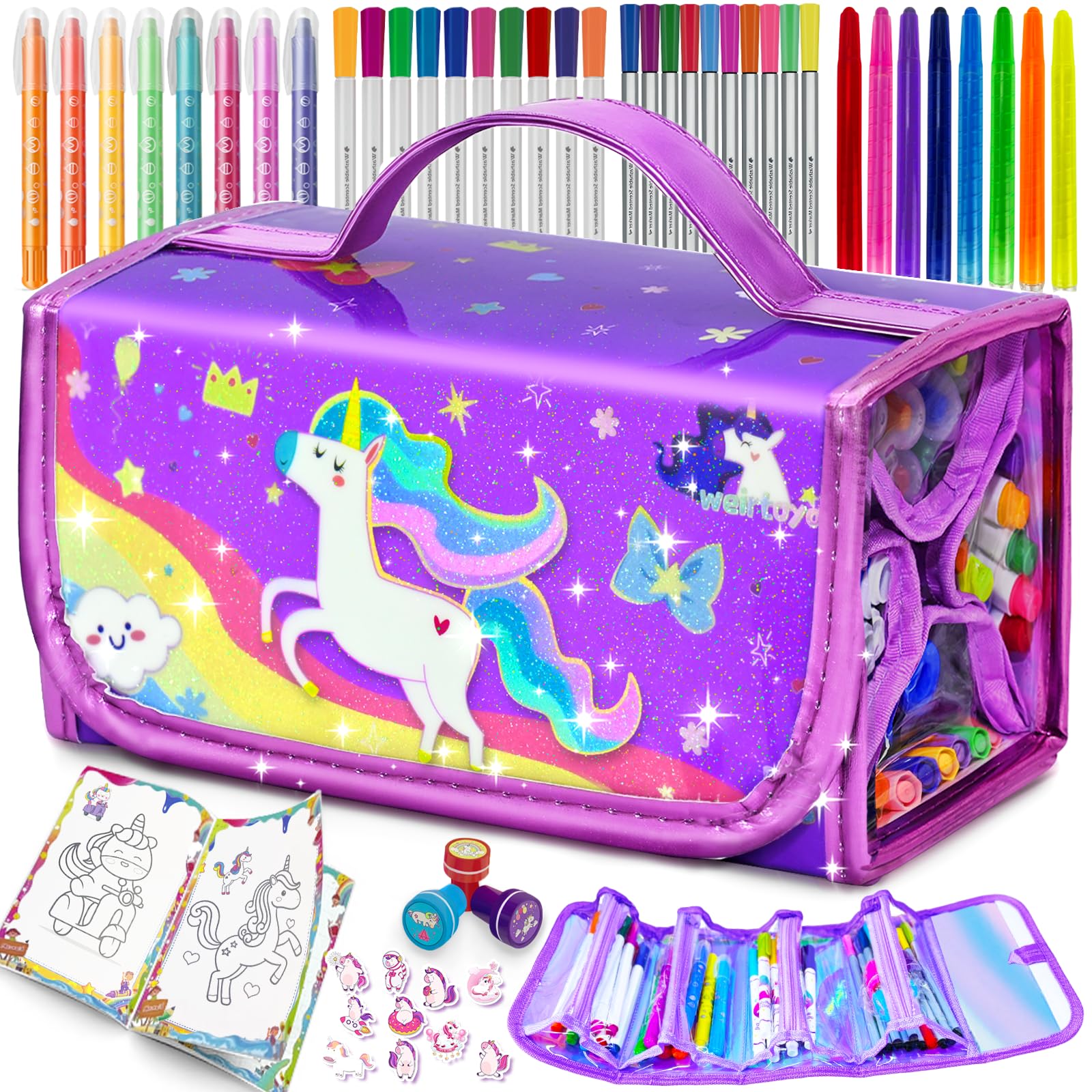 weirtoya 56 PCS Washable Scented Markers Set with Glitter Pencil Case, Kids Art Set Mermaid Unicorn Arts and Crafts for kid 4-6-8 Kids Drawing Set for 4-8 Years Old Girls Birthday Gifts