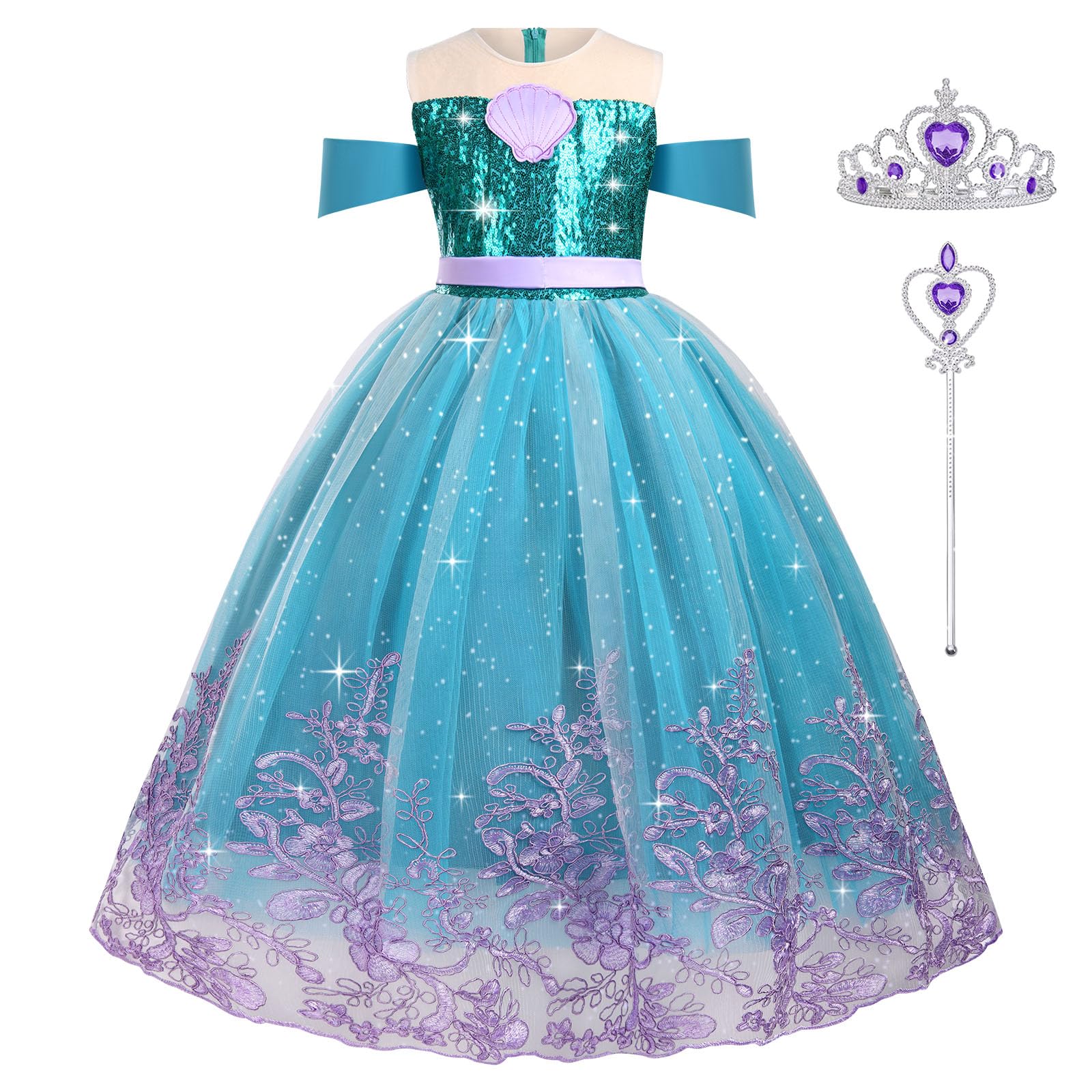 AOOWU Vestito Sirenetta Bambina, Sirena Principessa Vestito Costume con Parrucca, Vestiti Sirenetta Costumi Cosplay Sirena per Halloween, Natale, Cosplay, Compleanno