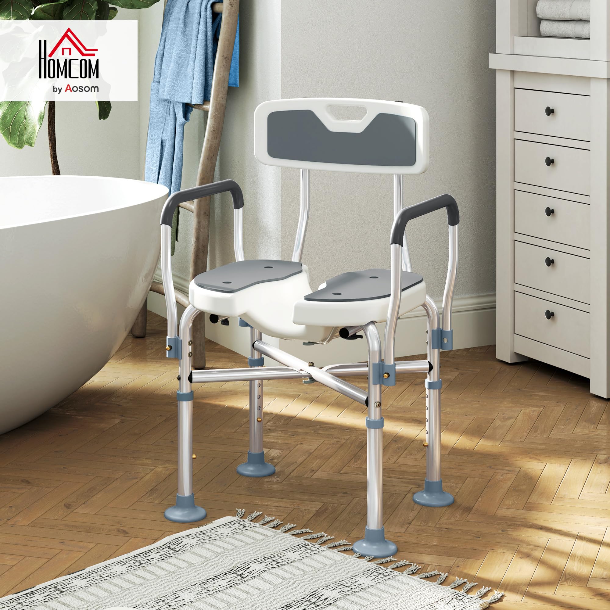 HOMCOM Silla de ducha con abertura higiénica acolchada para ancianos Gris | Barras reforzadas, silla baño regulable, patas antideslizantes, para mayores, discapacitados, montaje sin herramientas