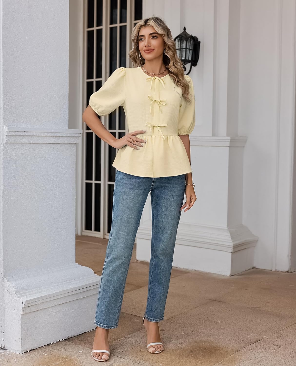 siliteelon Women's Babydoll Tops Peplum Blouse with Tie Front & Puff Sleeve Cute Summer Trendy Shirts - Image 5