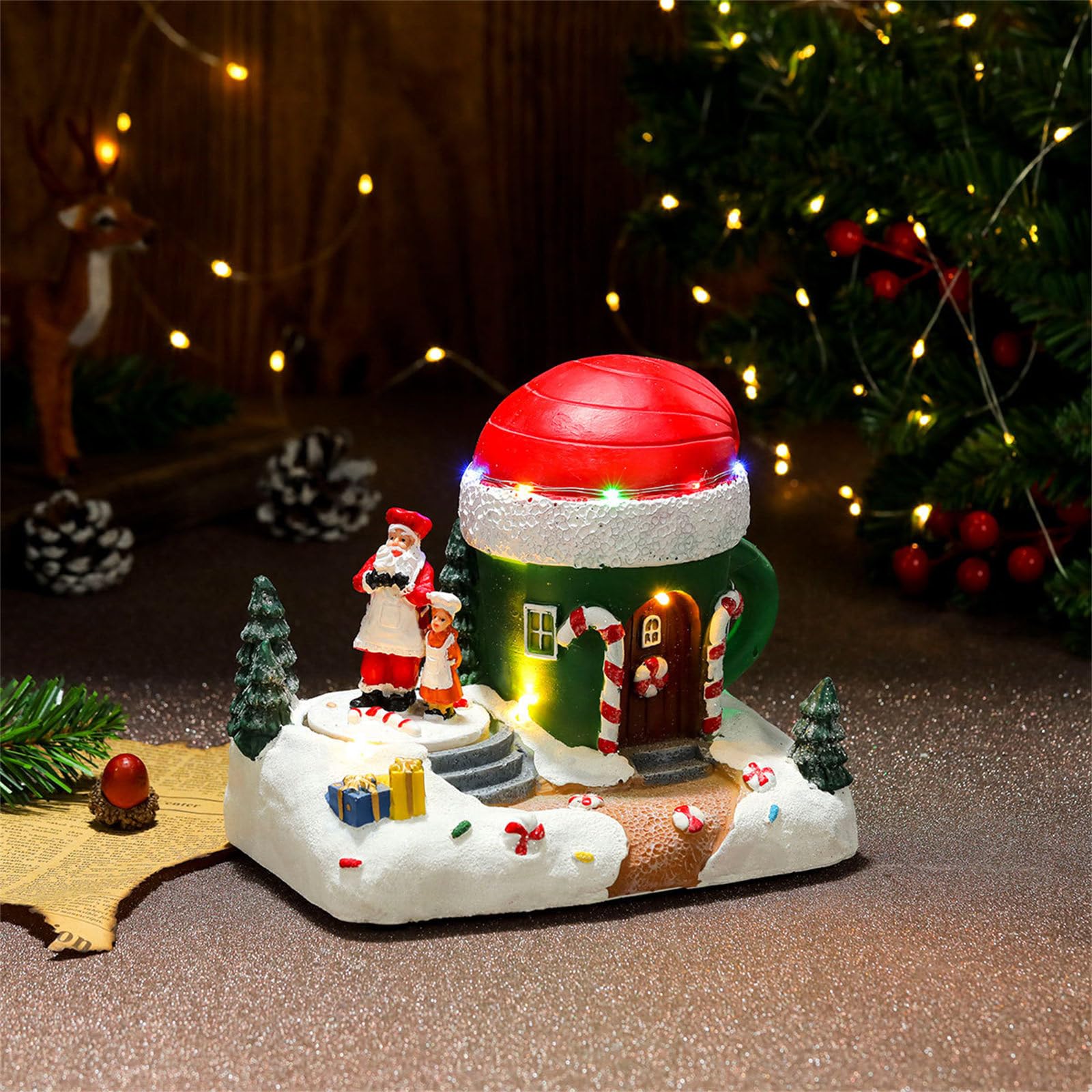 PANGBOER Decorazione musicale natalizia in resina a forma di casa del villaggio con luce a LED e statuette rotanti per feste di festa, decorazione da scrivania, decorazioni per le vacanze
