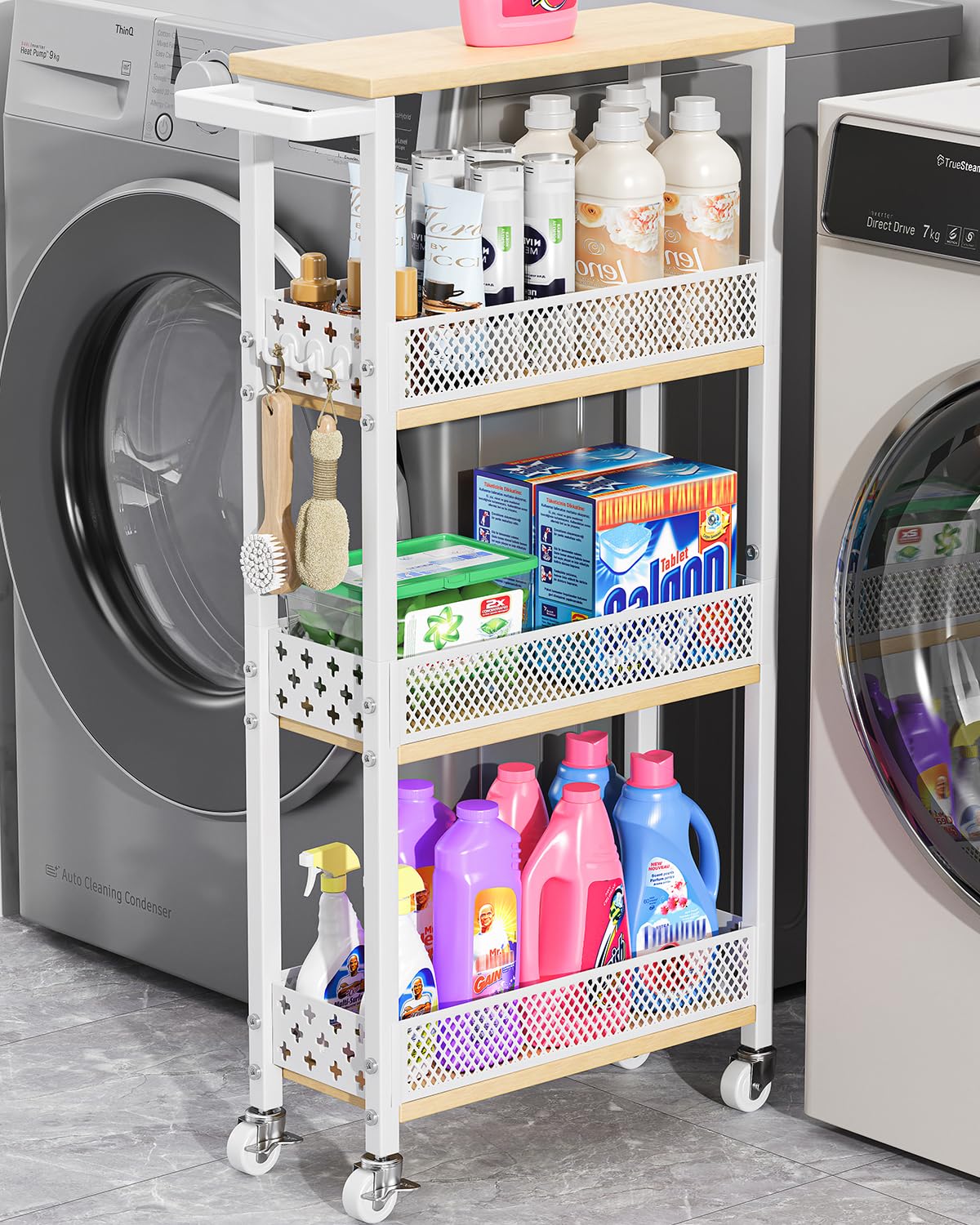 Giwil 4-Tier Slim Rolling Storage Cart for Kitchen Bathroom Organizer, Mobile Narrow Storage Cabinet Utility Cart with Wood Rack on Wheels for Pantry