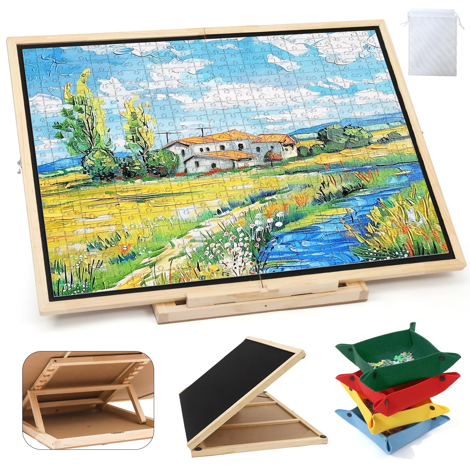 Wdmiya Tablero para Puzzle Plegable de 1500 Piezas, Puzzle Board Giratorio con Soporte y Cubierta 2 en 1, Tablero de Rompecabezas Antideslizante con 4 Cajas, Puzzles Board Portátil para Adultos