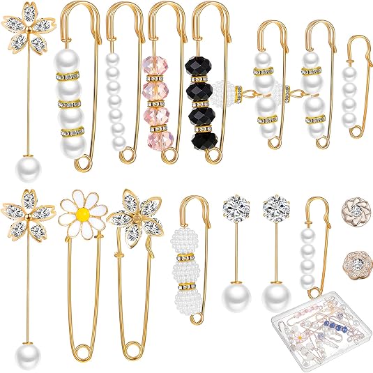 17 Pieces Pearl Brooch Pins Sweater Shawl Clips Faux Pearl Rhinestones Collar Safety Pin for Women Clothing Dresses Decoration Accessories with Storage Box