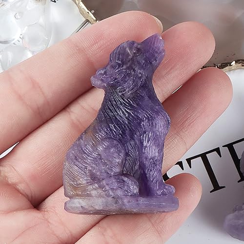 Miniatura 9 de Estatua de lobo de cristal de fluorita arcoíris de 2 pulgadas, gema de lobo, tallados de animales, estatua de piedras curativas, escultura de lobos