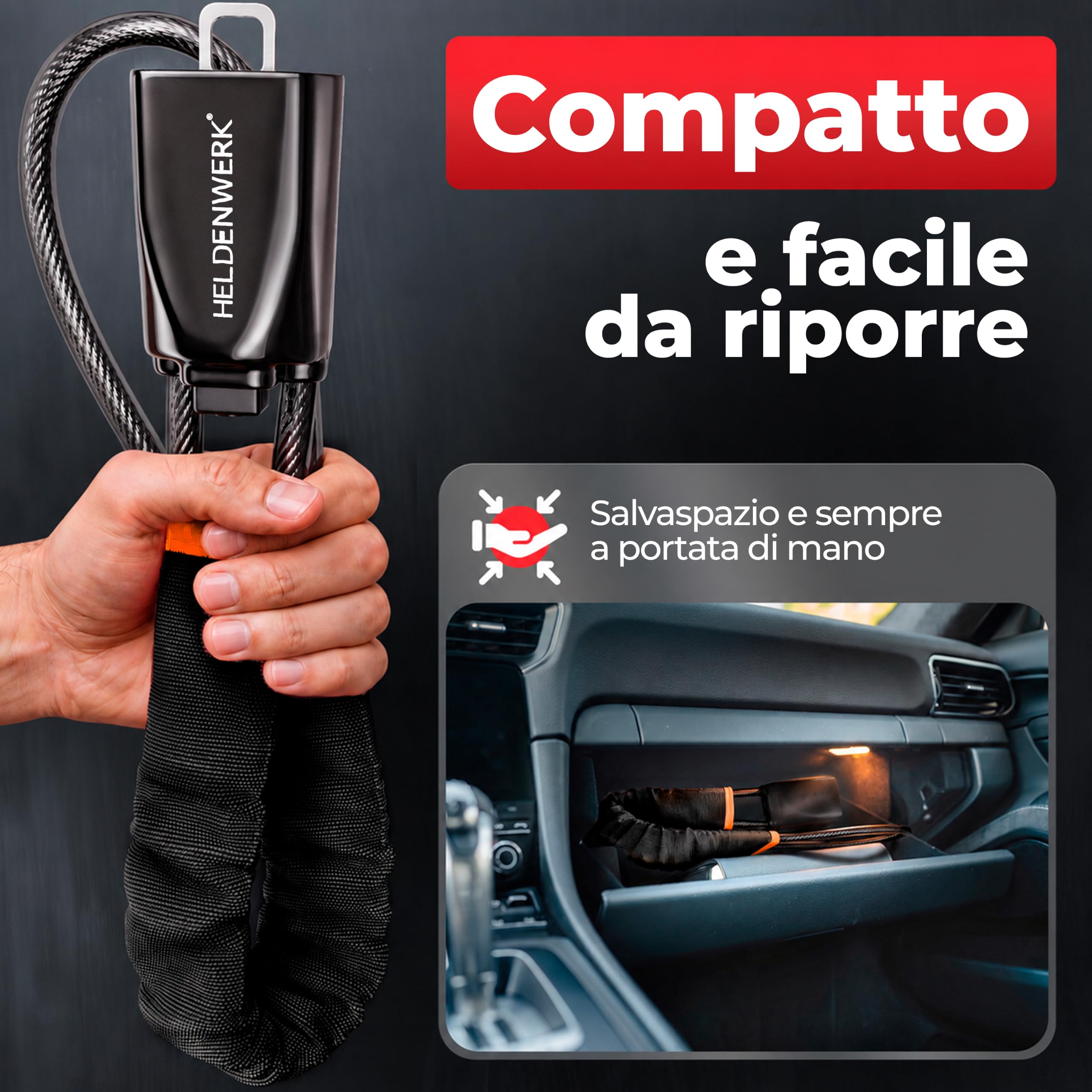 HELDENWERK® Artiglio volante per auto e camper in metallo – Misura universale – Blocco volante con corda d'acciaio spessa – Immobilizzatore antifurto con 3 chiavi di sicurezza (nero)