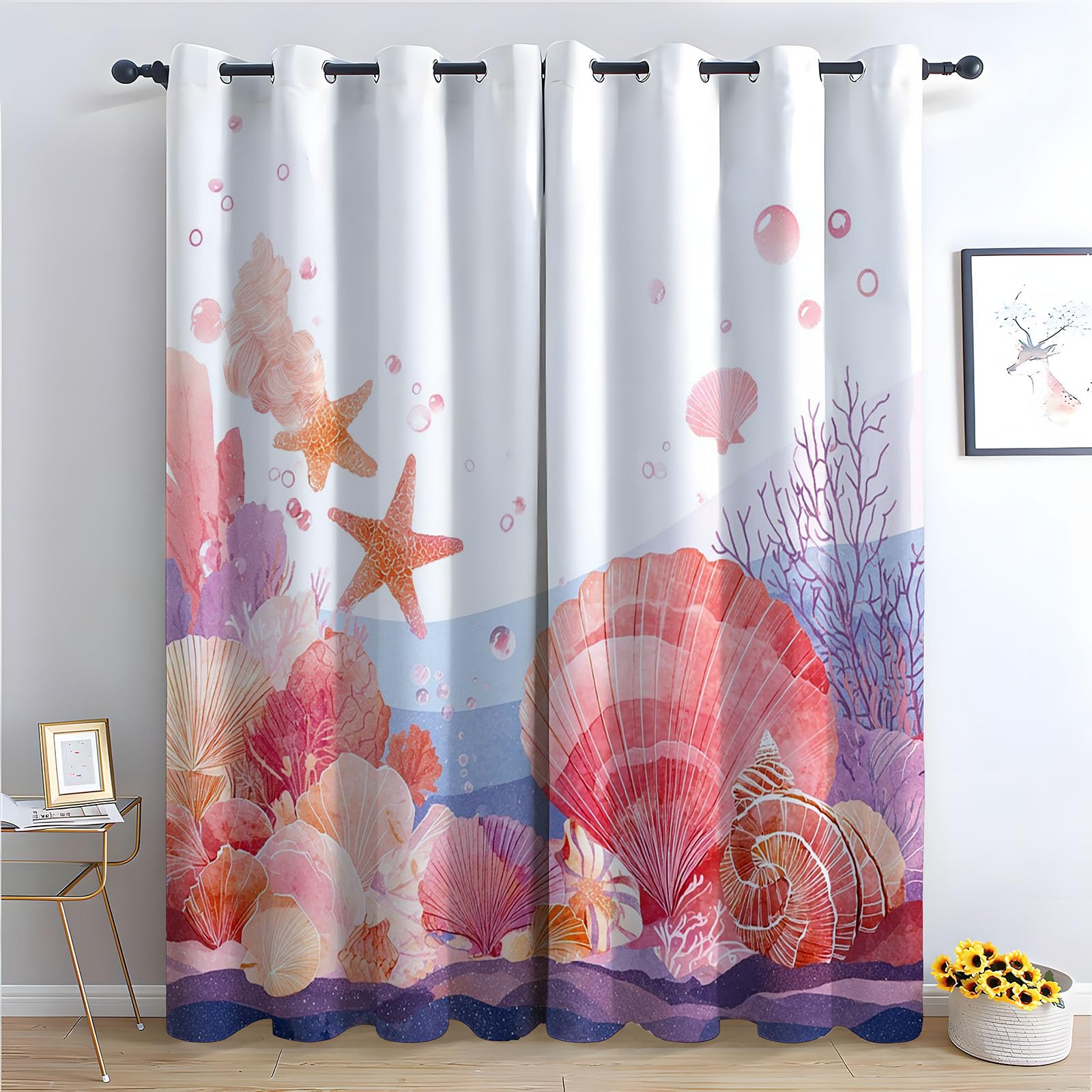TERUEA Floral Curtains for Living Room Gentle watercolor coral seashell bubble seabed Floral Printed Room Darkening Curtains for Bedroom,-28" W x 63" L (Pack of 2)