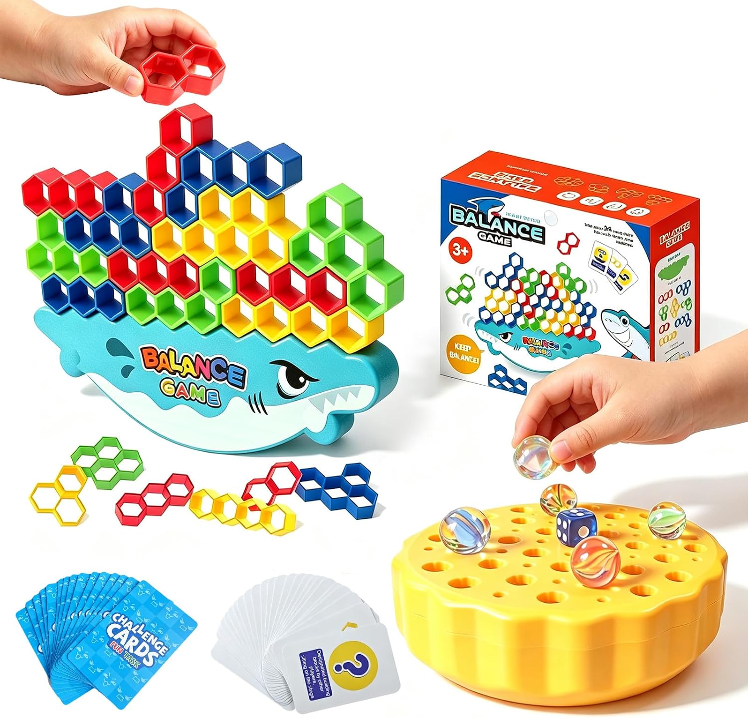 Stacking Tower Blocks & Marble Balance Game Two-Piece Set, 48 Blocks 60 Marbles 52 Cards,Skill & Dexterity Games for Kids & Adults, for Family Parties Travel,Boys Girls Gifts