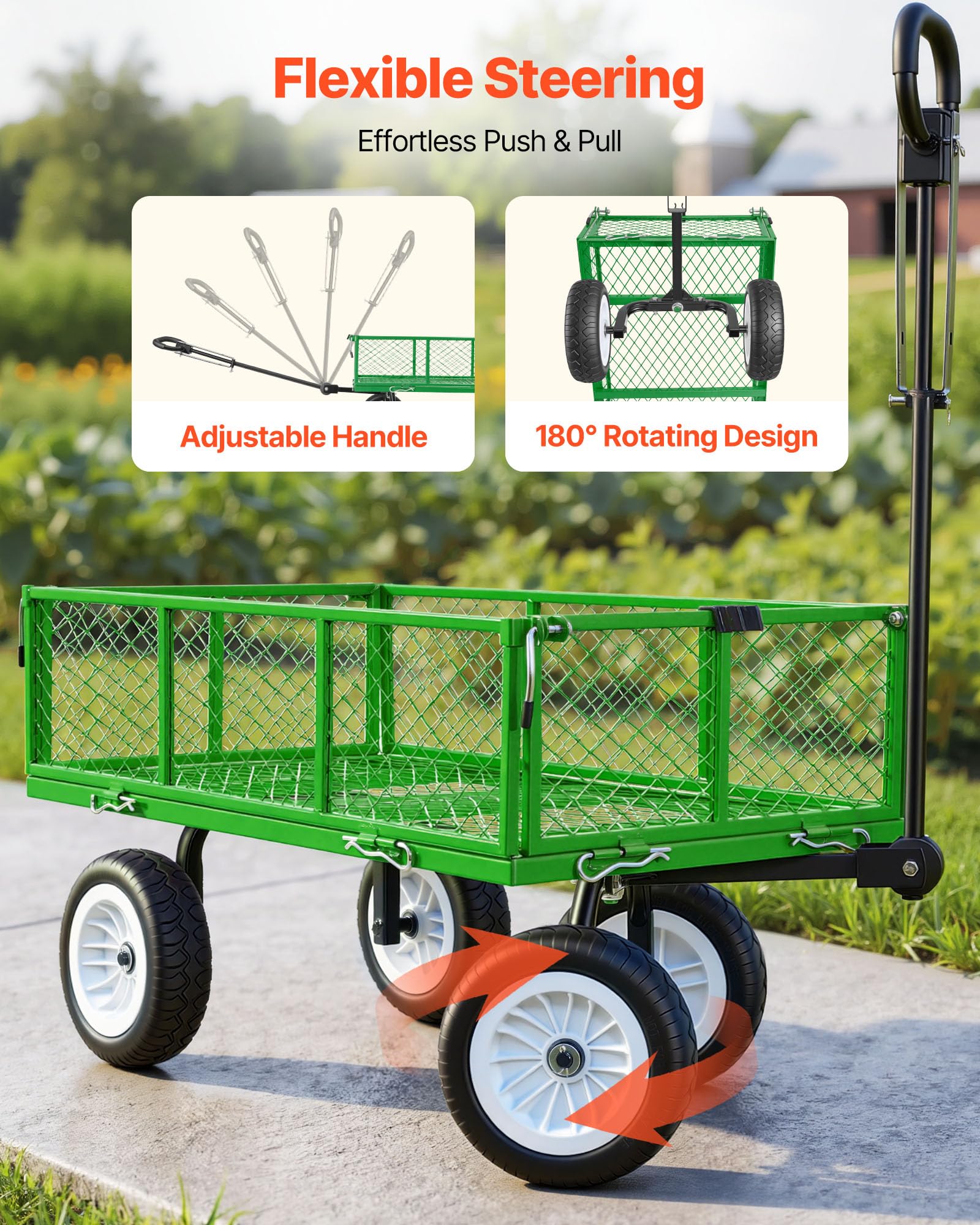 VEVOR Chariot de Jardin en Acier Max. 408,2 kg Chariot de Transport de Jardin pour Bois Terre Débris, Côtés Amovibles, Pneus PU Increvables 25,4 cm, Poignée Réglable, Compatible Quad Tracteur, Vert
