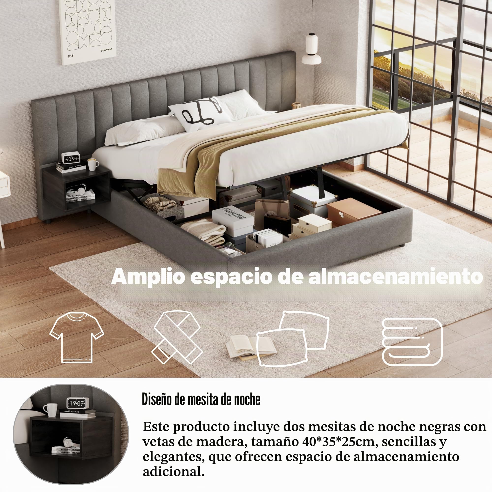 Cama acolchada de 160 x 200 cm, cama hidráulica de patas anchas, cama de matrimonio con dos mesitas de noche con contenedor, somier de láminas de madera, lino, apto para adultos y jóvenes, gris