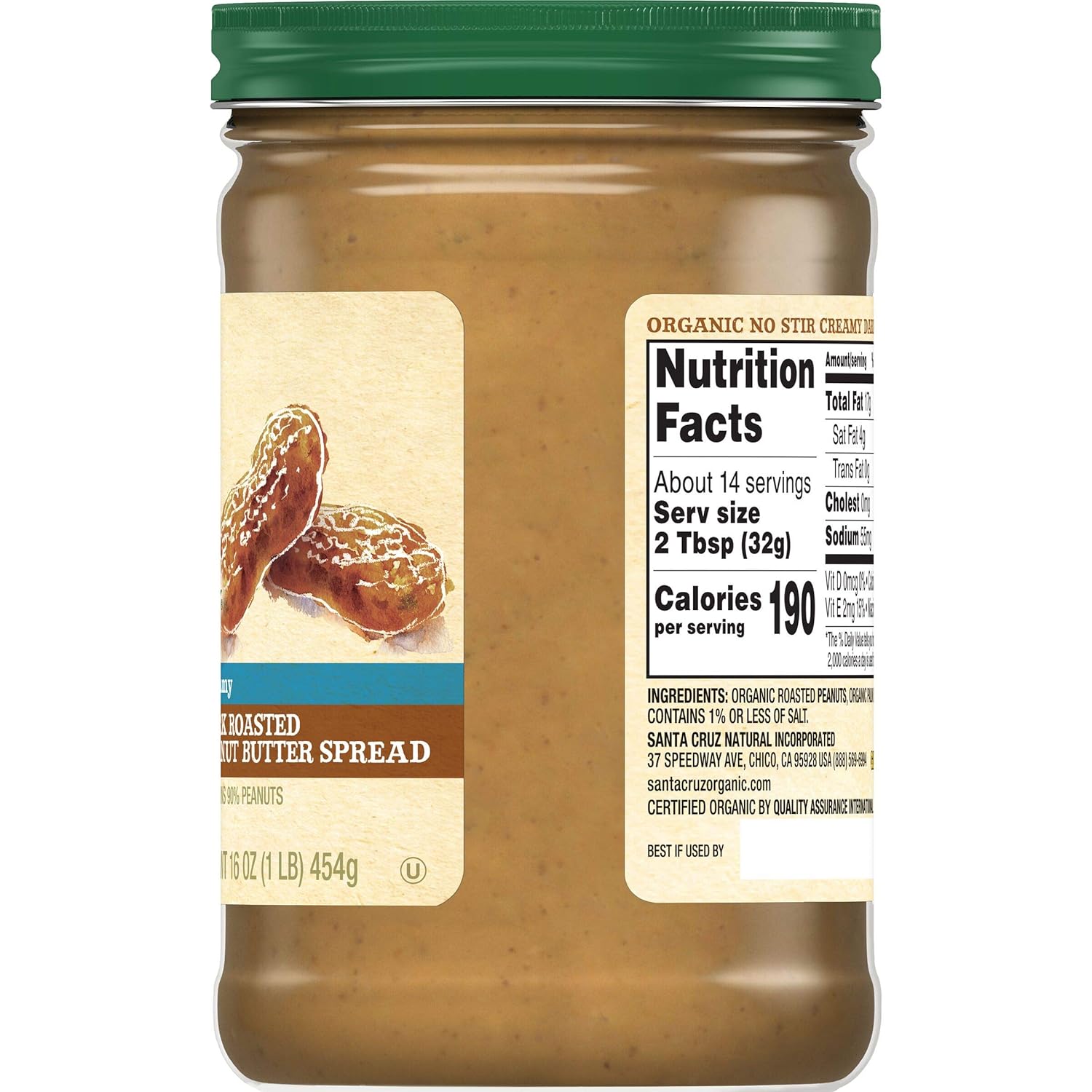 Santa Cruz No Stir Peanut Butter, Dark Roasted, Creamy, 16 Ounce, 6 Pack