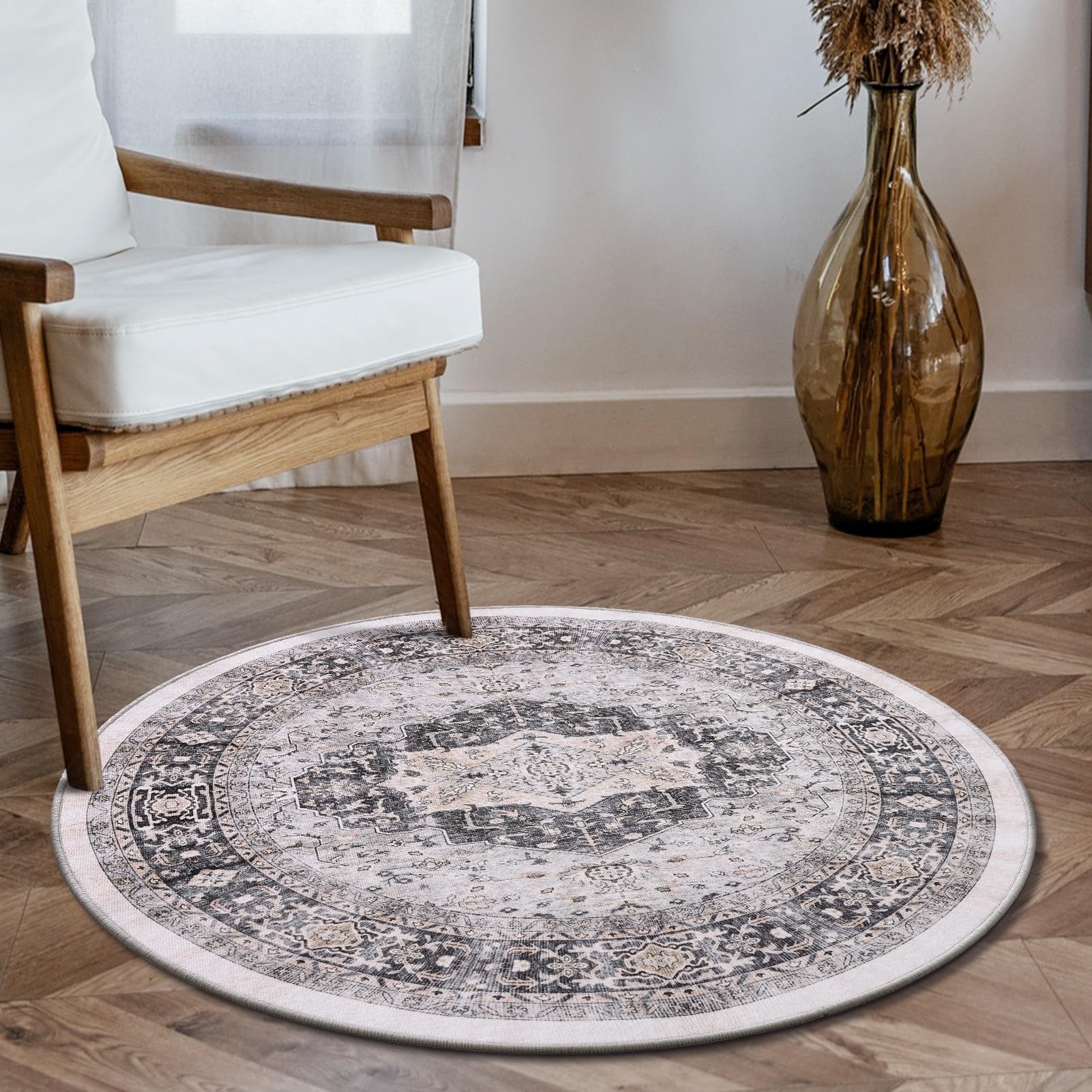 Carvapet Lavable Alfombras Redondas 90cm Antideslizante Fina Gris Alfombra Círculo Redondeada Medallón Retro Impreso Alfombras de área Salón Dormitorio