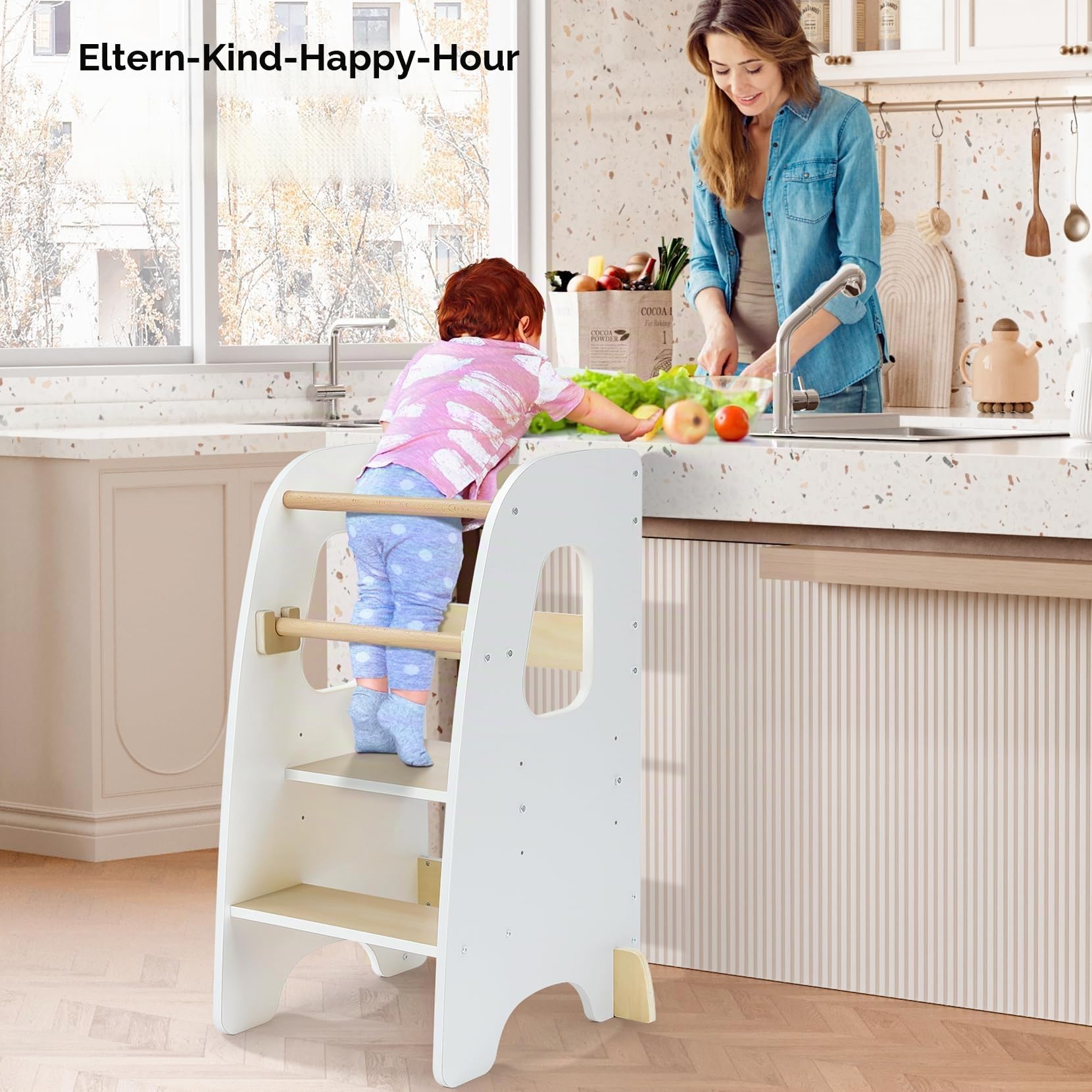 Ezebaby Lernturm ab 1 Jahr, Learning Tower, Höhenverstellbar Montessori Lernturm mit Kippschutz, Abnehmbare Sicherheitsgeländer, Massiv und Stylisch (Weiß)