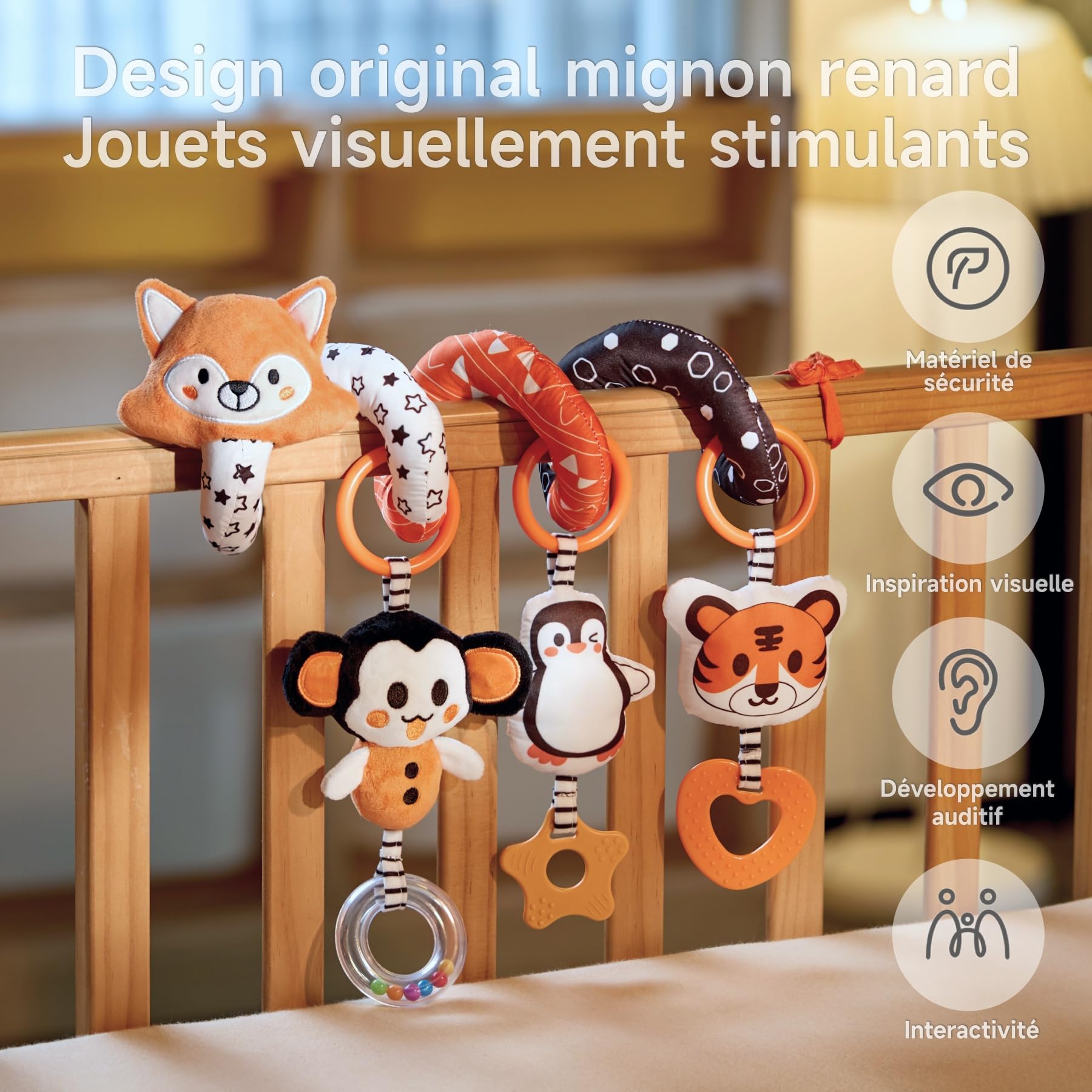 TUMAMA Noir Et Blanc Spirale D'activité Bébé, Eveil Poussette Jouet pour Bebe 0 3 6 9 Mois, Jeux Suspendre avec Hochet Et Anneaux De Dentition pour Auto, Stroller Arch, Berceau, Peluche Jouets Cadeau