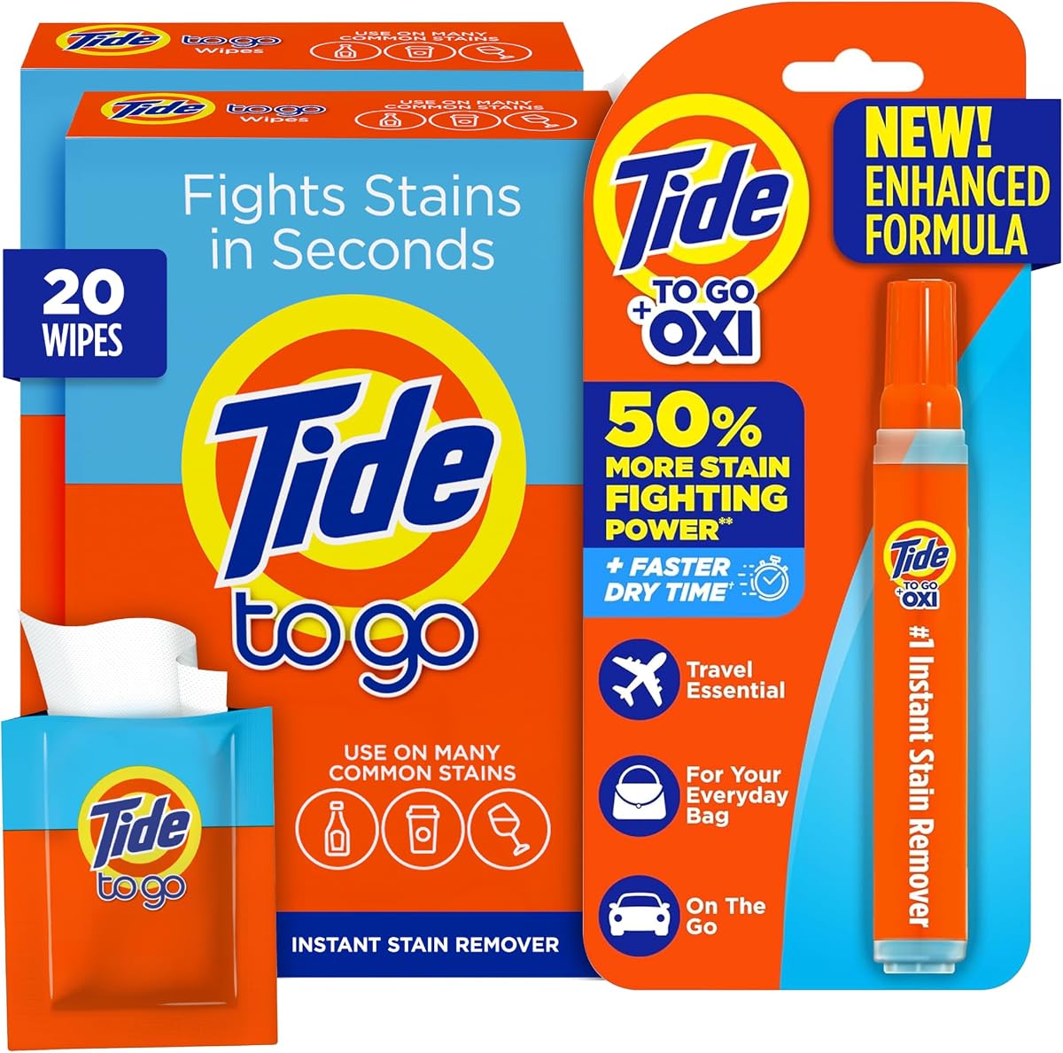 Tide To Go Stain Remover Bundle, Pen + 20 Travel Wipes, Clothes Care | Stain Remover Wipes, Travel Size Spot Cleaner for Clothes, Removes Food & Drink Stains, Pen + 20 Individually Wrapped Wipes