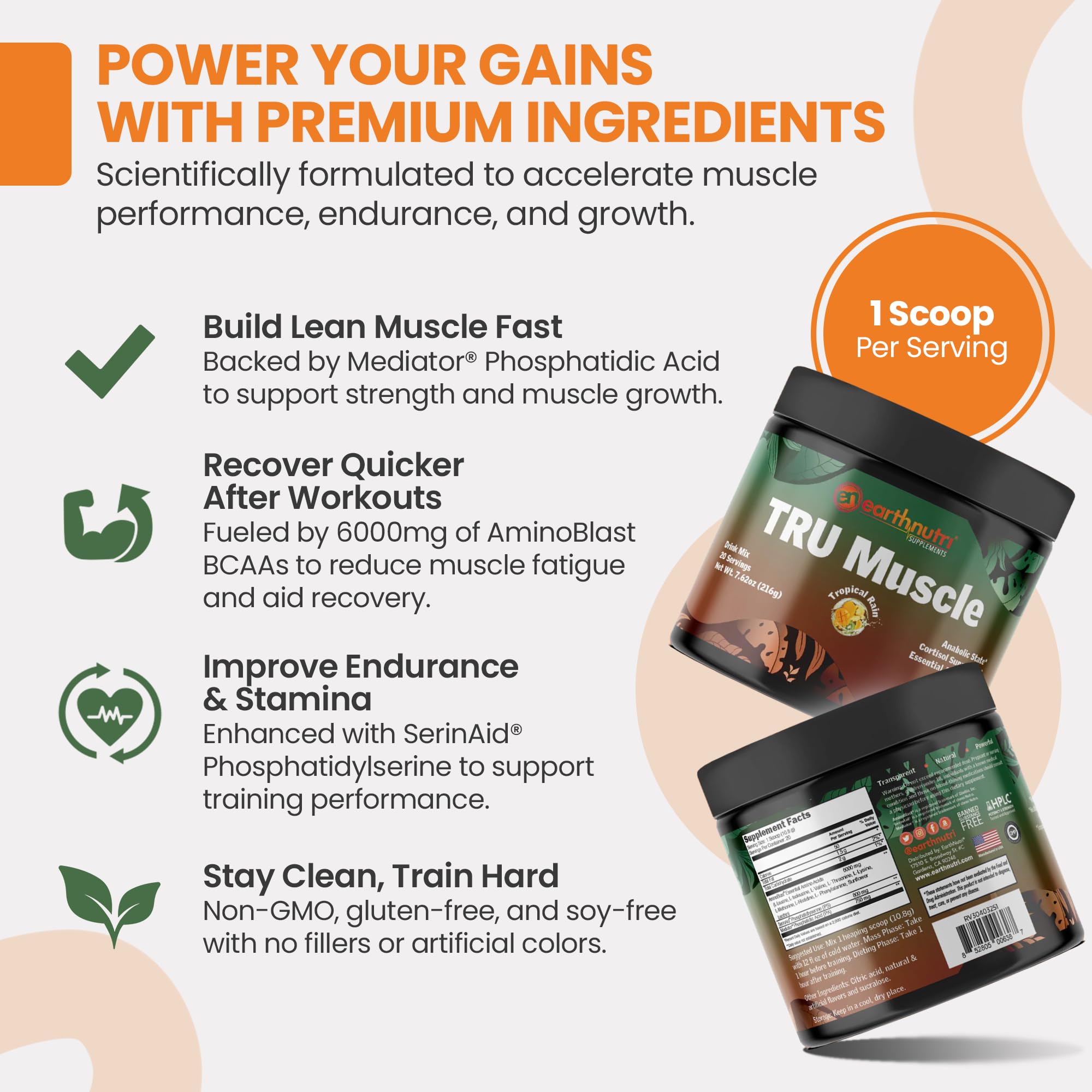 EarthNutri Phosphatidic Acid Supplement with SerinAid - Muscle Builder with Mediator Phosphatidic Acid & Phosphatidylserine - Supports Strength & Recovery - 20 Servings - Non-GMO, Gluten-Free - 216g