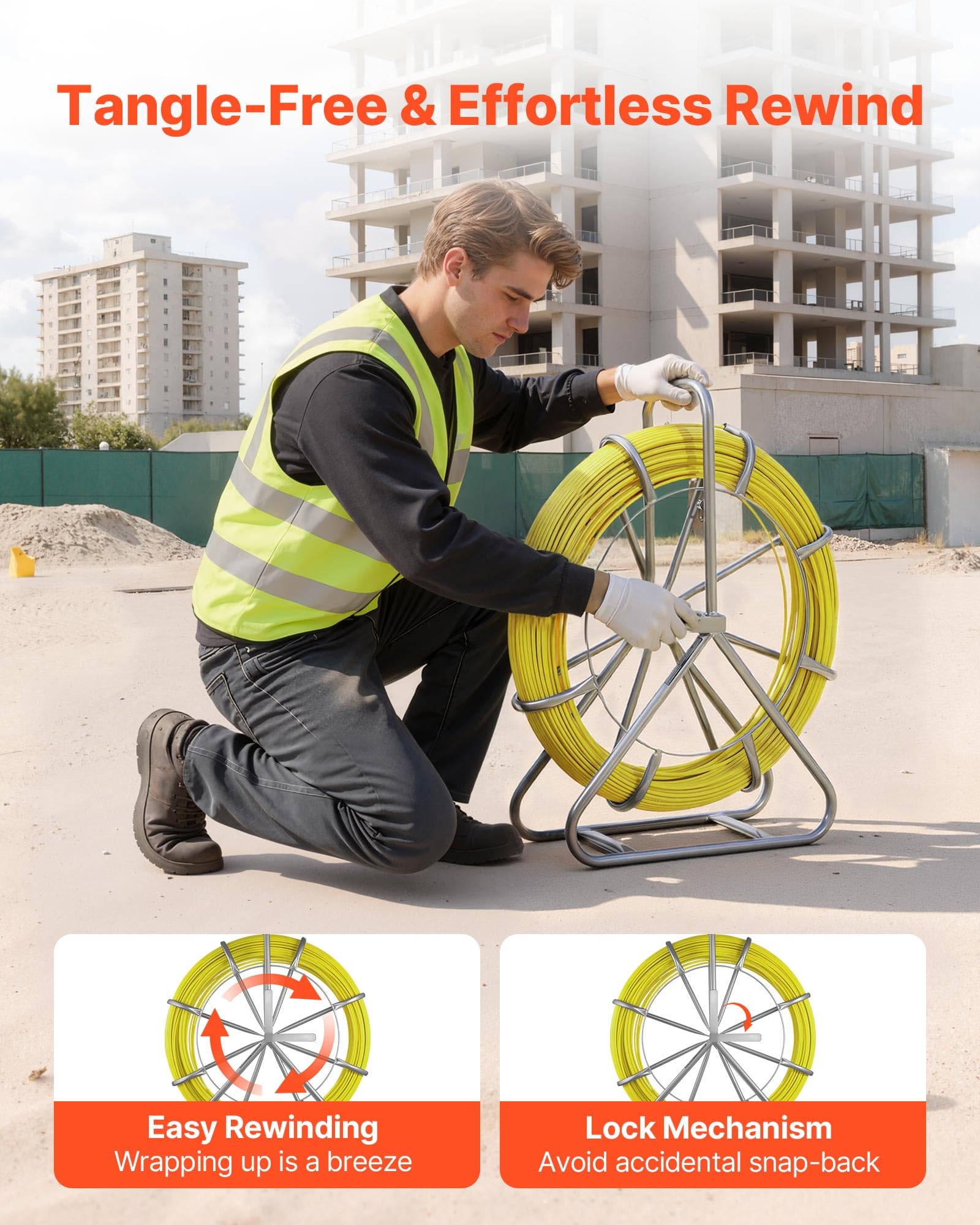 VEVOR Guía Pasacables de 6,3 mm 152 metros, Cable de Fibra de Vidrio con Contenedor, Terminales Intercambiables, Marca de Longitud, Herramientas de Electricista, para Pared Tubo Construcción Eléctrica