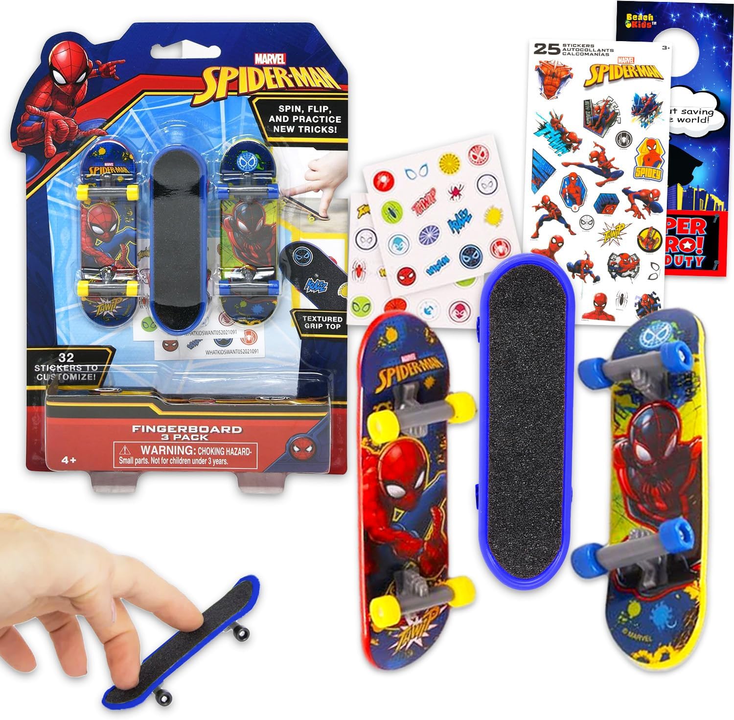Spiderman Fingerboard Toy Set - Bundle with 3 Marvel Spiderman Finger Skateboard for Kids Plus Spiderman Stickers, More | Spiderman Finger Skateboard for Kids Party Favors