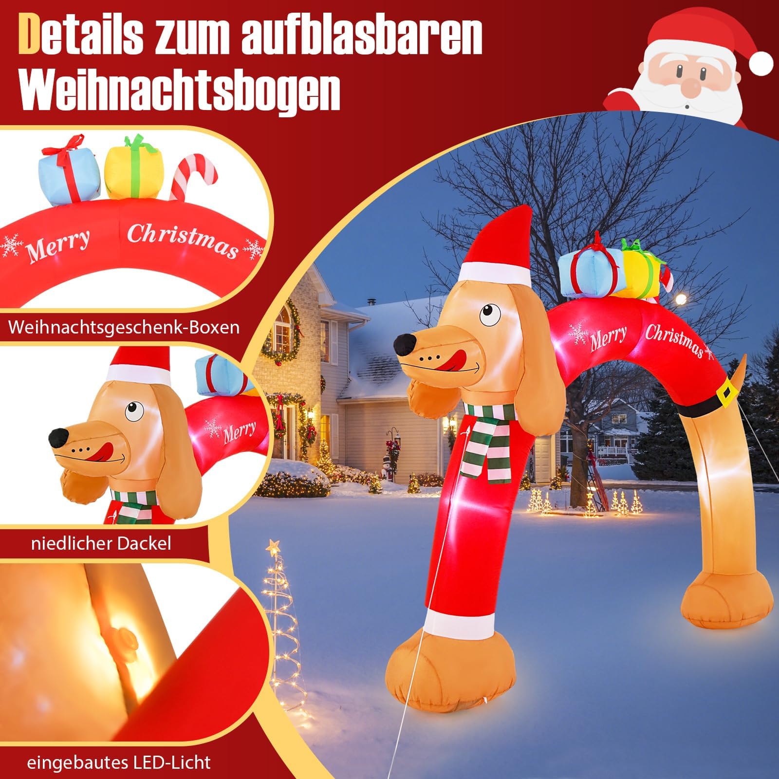 COSTWAY aufblasbarer Weihnachtsbogen Dackel, 242cm Weihnachtsdekoration mit LED & Tragetasche, Weihnachtsdeko groß Outdoor, Weihnachtsbeleuchtung für Garten, Hof, Terrasse, selbstaufblasend