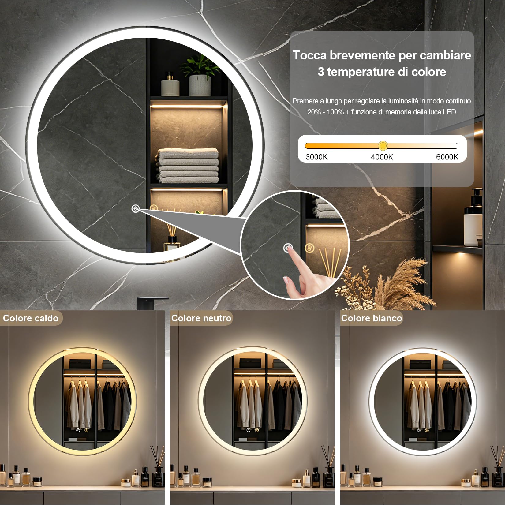 Specchio da bagno rotondo da 49.5 cm con illuminazione a LED | Specchio cosmetico con retroilluminazione, 3 temperature di colore, antiappannamento, luminosità regolabile, IP56