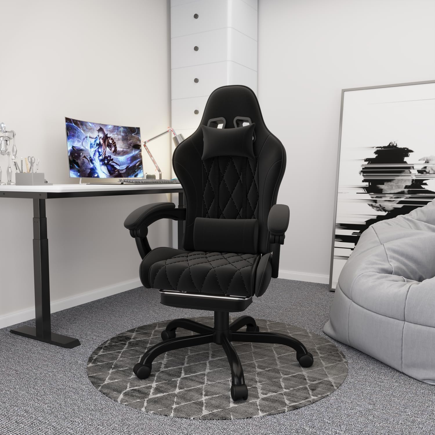 Flamaker Sedia da Gaming in Tessuto con Poggiapiedi, Massaggiante Sedia Ufficio con Schienale alto(con Presa USB), Cuscino Ispessito da 9 cm, Sedia da Gioco Ergonomica per Adulti, Nero