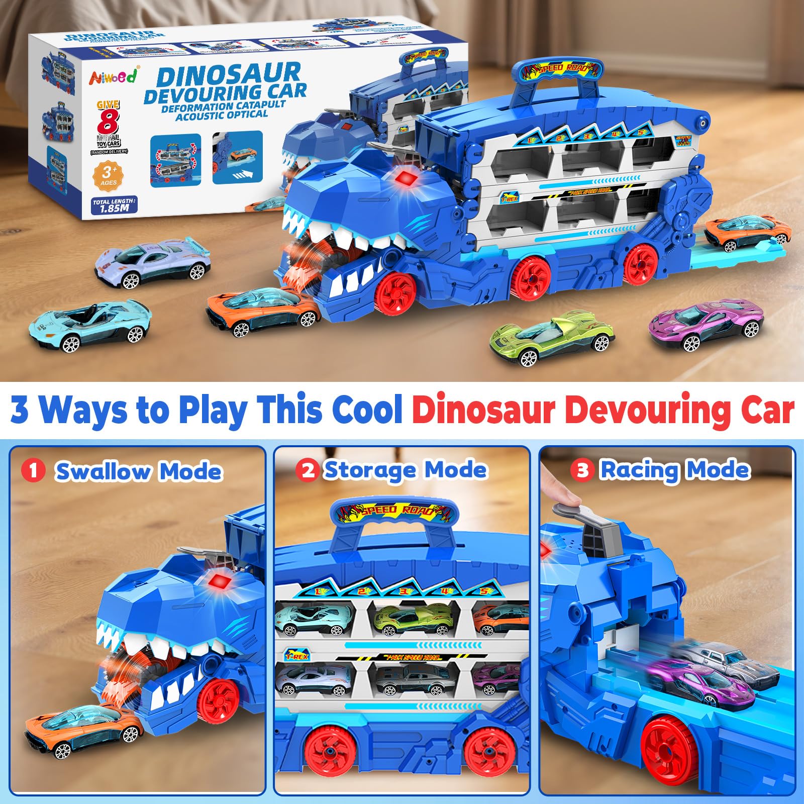 Camión De Dinosaurio 3 En 1: Pista De Carreras Plegable Con 8 Coches Y Sonidos – Juguete Para Niños De 3 A 7 Años Camión De Dinosaurio 3 En 1: Pista De Carreras Plegable Con 8 Coches Y Sonidos – Juguete Para Niños De 3 A 7 Años