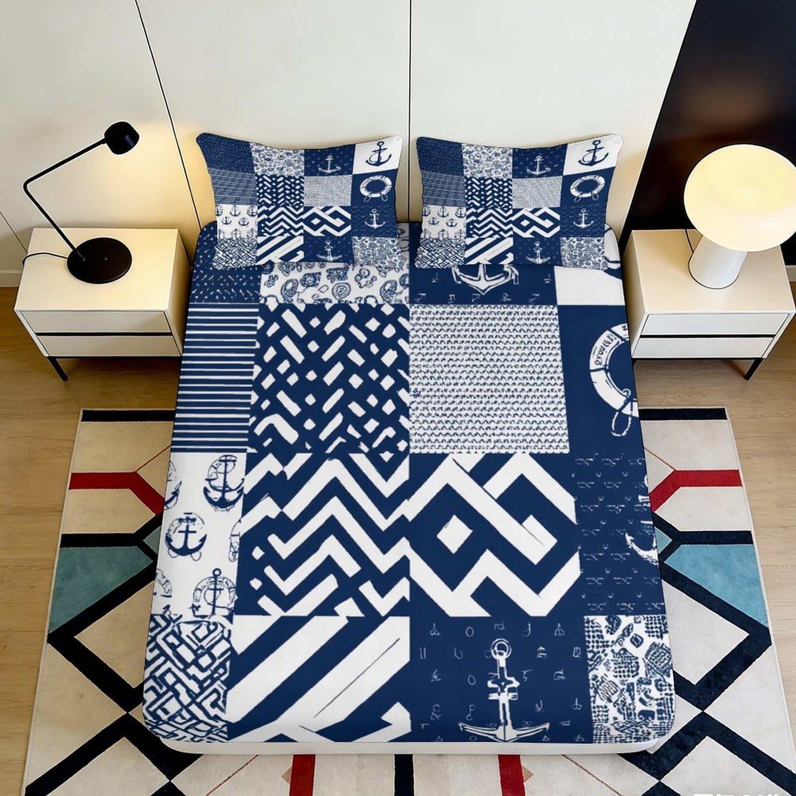 3D Printed Nautical Patchwork Fitted Sheet Microfiber Navy Blue Geometric Anchor Bed Cover for Bedroom Guest Room 90x200x25cm