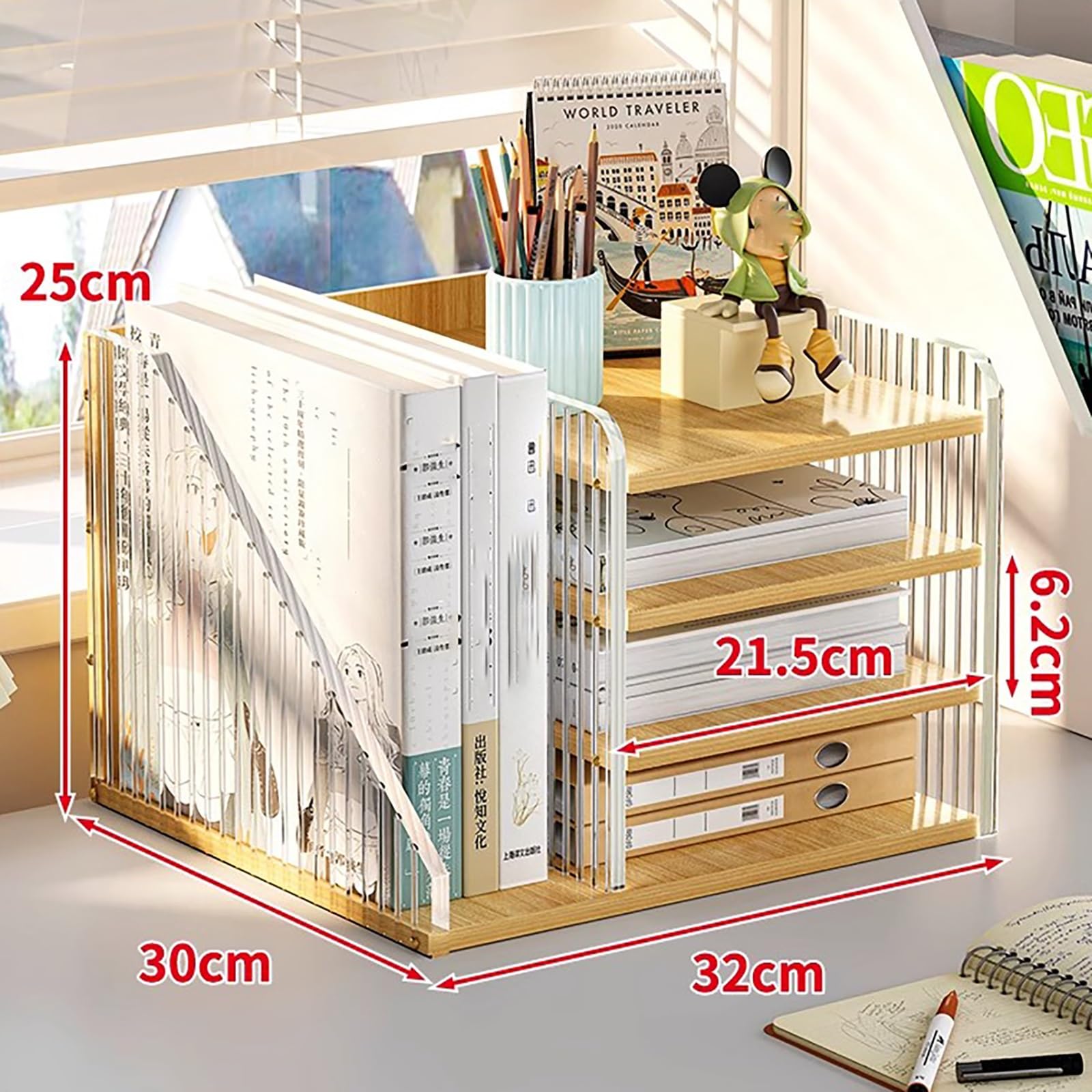Schreibtischregal, Schreibtisch-Organizer Aus Polypropylen, Bücherregal Klein Mit 4 Schichten, Tischregal Aus Holz, Schreibtisch Aufsatzregal, Standregal Für Wohnheim, Zuhause(Wit)