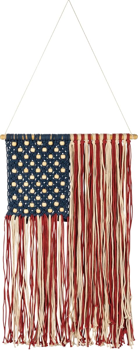 Primitives by Kathy Macrame American Flag Wall Hanging - 17 x 22-Inch Woven USA Flag Tapestry - Patriotic Boho Home Decor Gift - 4th of July, Memorial Day & Veterans Day - Red, White and Blue
