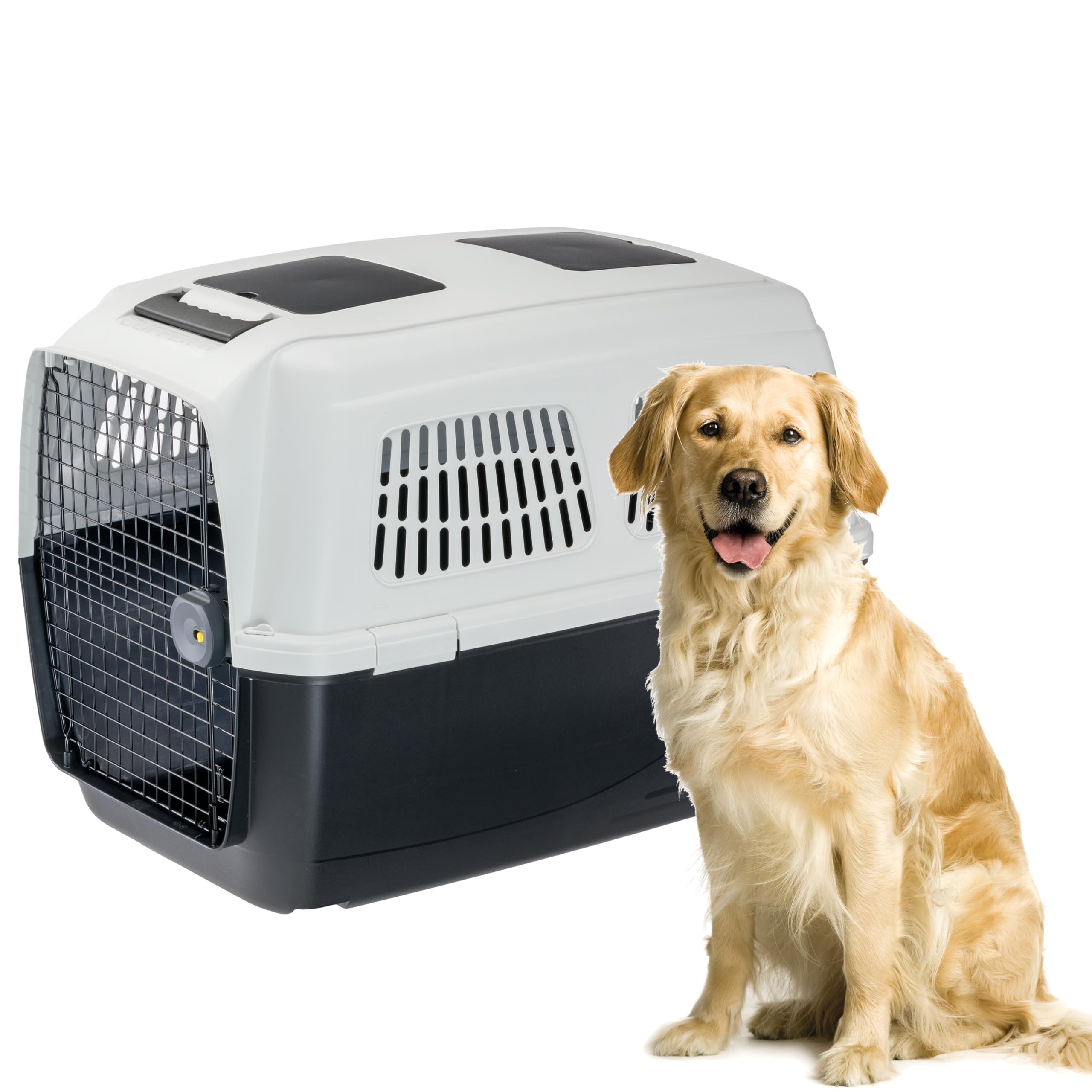 Ferplast Transportín Perro CLIPPER PLUS, IATA, Transportín para perros grandes max 45 Kg, BleuCierre Seguro, Doble Compartimento para Accesorios, Asa extraíble, 93 x 65 x h 68 cm