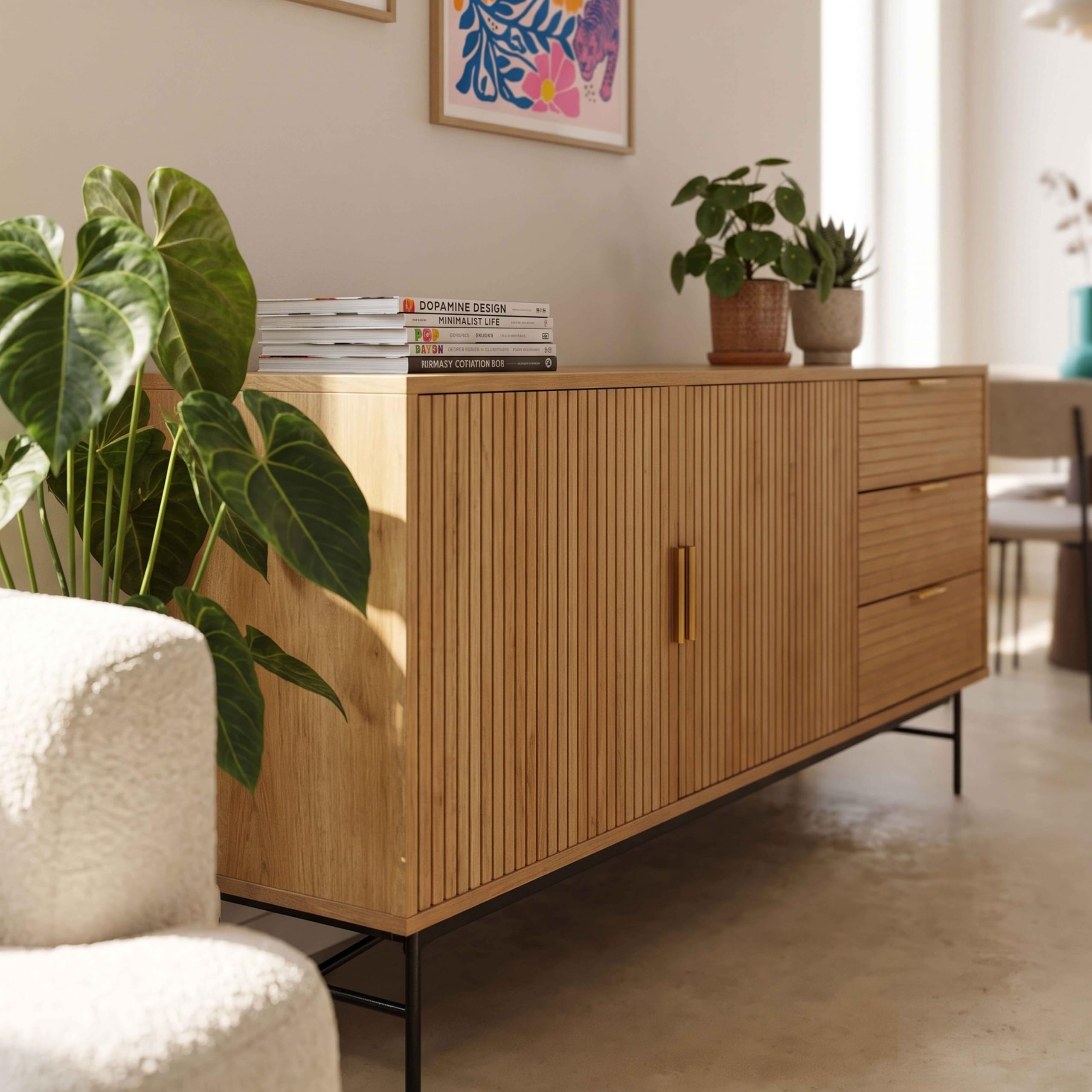 Oviala Buffet 2 Portes et 3 tiroirs en mélaminé et Acier 160 cm Beige