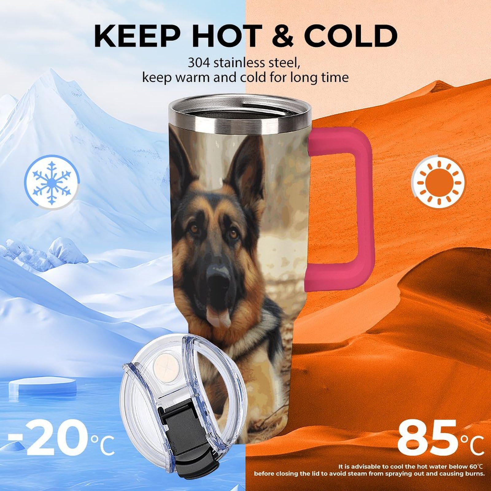 Autobecher mit großem Fassungsvermögen und Strohhalm-Deckel, deutscher Schäferhund, auslaufsicher, isoliert, Edelstahl, passt in Auto-Becherhalter
