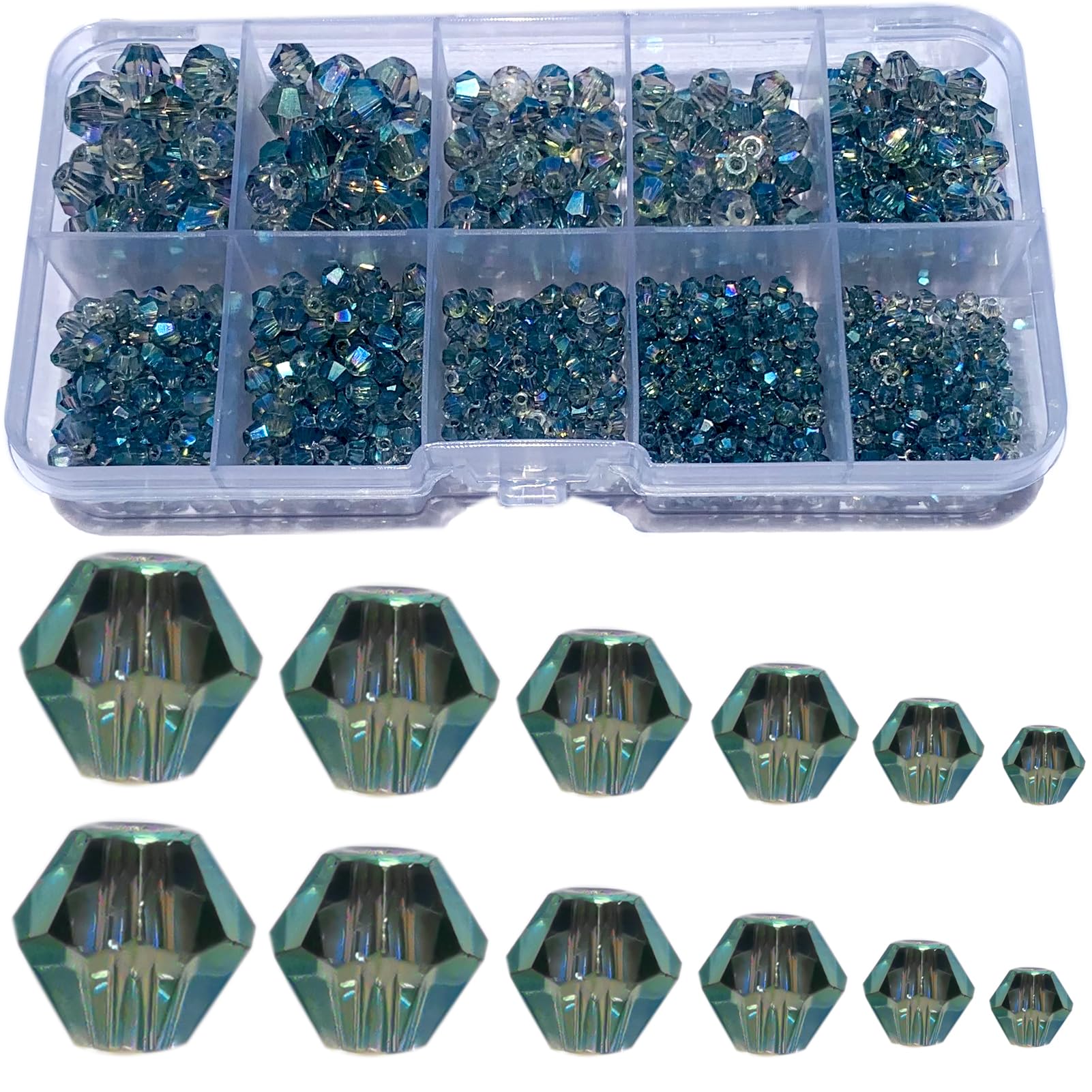Gocelyn 900pcs Crystal Bicone Glass Beads of AB Color (Cyan), Rondelle Assorted Supplies Spacer Loose Beads for Jewelry Making Findings Bracelets Pendants(2mm, 3mm, 4mm, 5mm,6mm, 8mm)