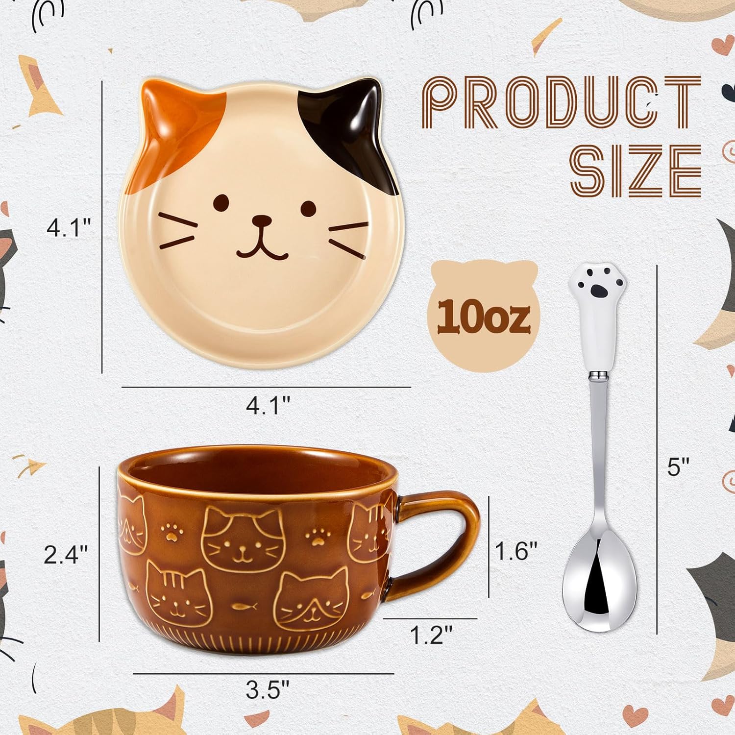 2 Pcs 10 oz Ceramic Cute Cat Mug with Lid - Kawaii Cat Tea Cup, Funny Novelty Coffee Cup and Dessert Saucer Set for Women Back to School Birthday Christmas Teacher's Appreciation - Image 2