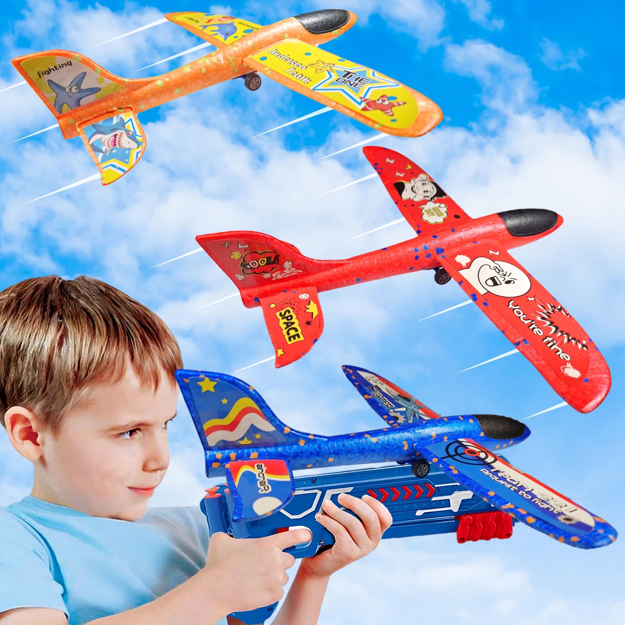 3 Pack Airplane Launcher Toy for 4 5 6 7 8 9 10 Year Old Boys with Catapult Gun, Foam Glider Plane Aeroplane, Outdoor Games Garden Flying Activities Toys Gifts For Children Kids Girls