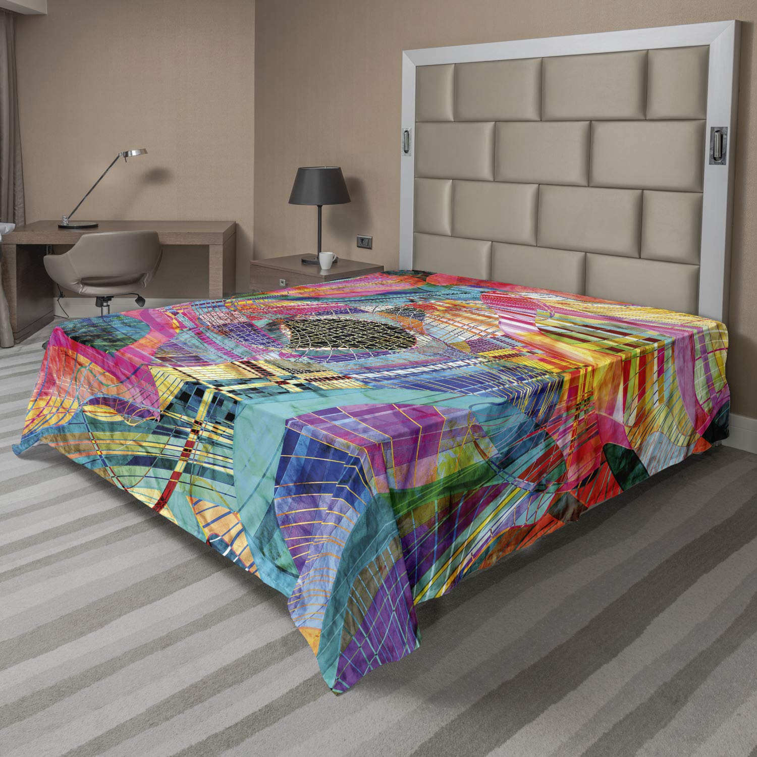 Ambesonne Abstract Flat Sheet, Retro Background Graphic Composition in Watercolors Creative Illustration, Soft Comfortable Top Sheet Decorative Bedding 1 Piece, California King, Multicolor