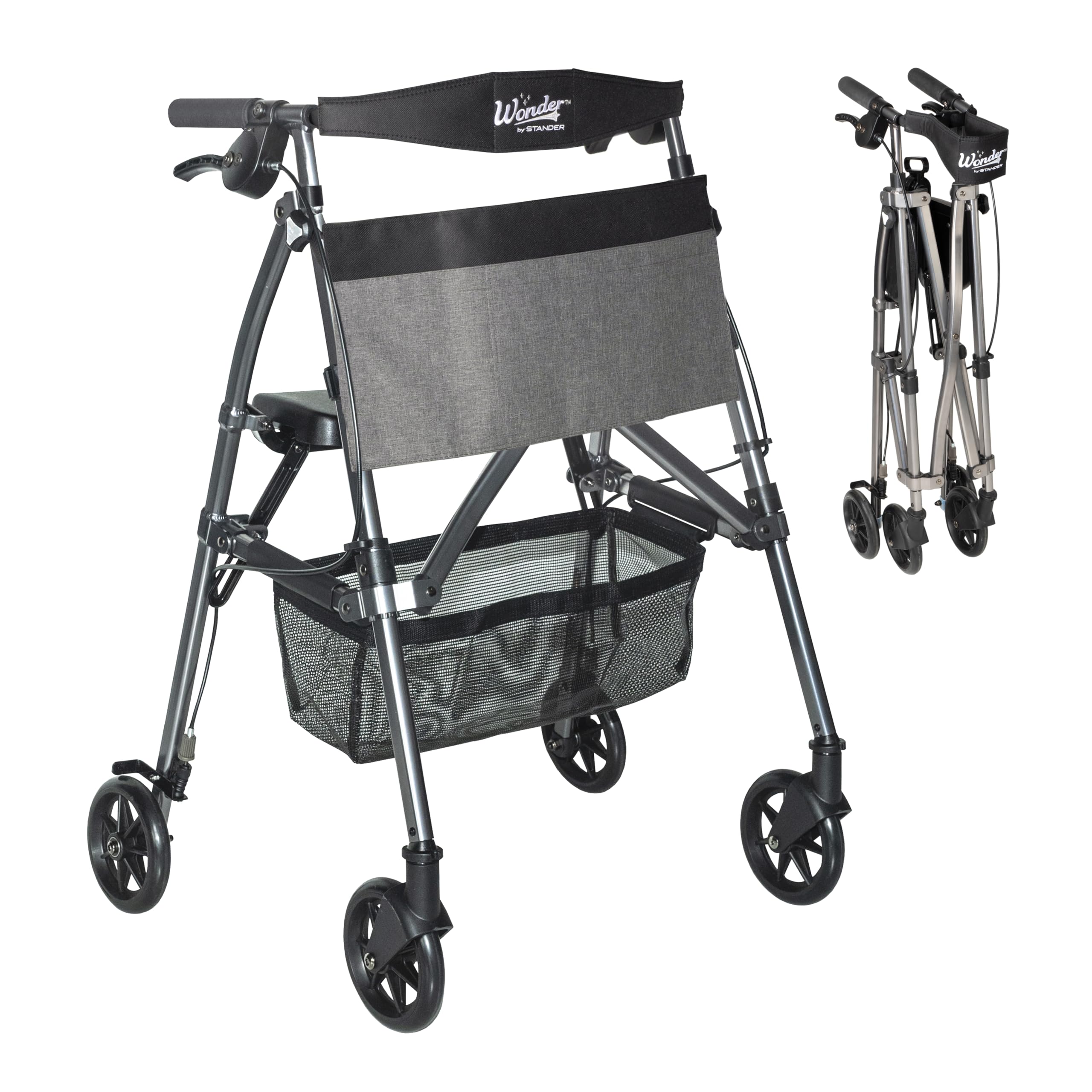 Stander EZ Fold-N-Go Rollator, Lightweight Folding Mobility Rolling Walker for Seniors and Adults, 6-inch Wheels, Locking Brakes, and Padded Seat with Backrest, Black Walnut