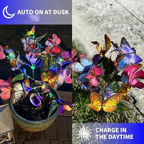 Miniatura 3 de Luces solares de mariposa para exteriores, paquete de 2 34 luces decorativas impermeables de mariposa para jardín, diseño de mariposa que cambia de