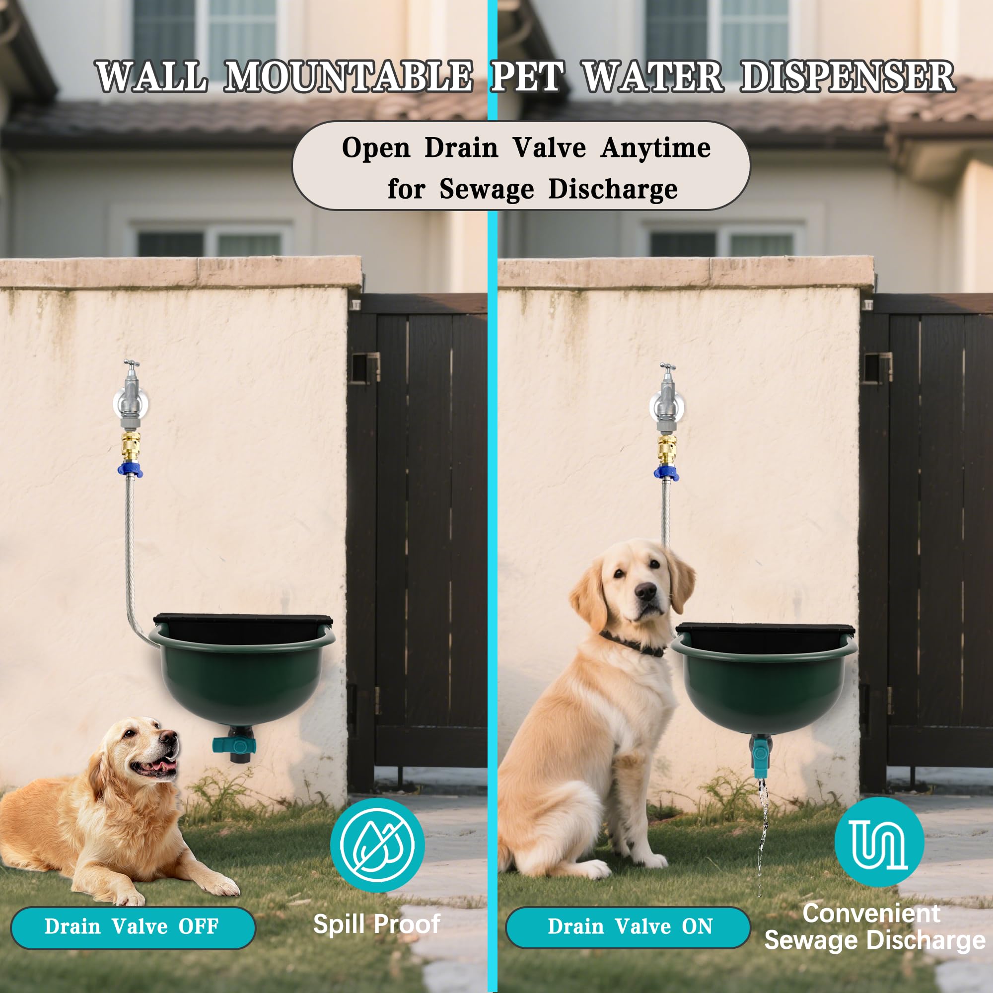 Distributore automatico di acqua per cani con foro di scarico e valvola di scarico, ciotola per acqua per cani da 1 gallone, con valvola galleggiante, raccordo a collegamento rapido, per