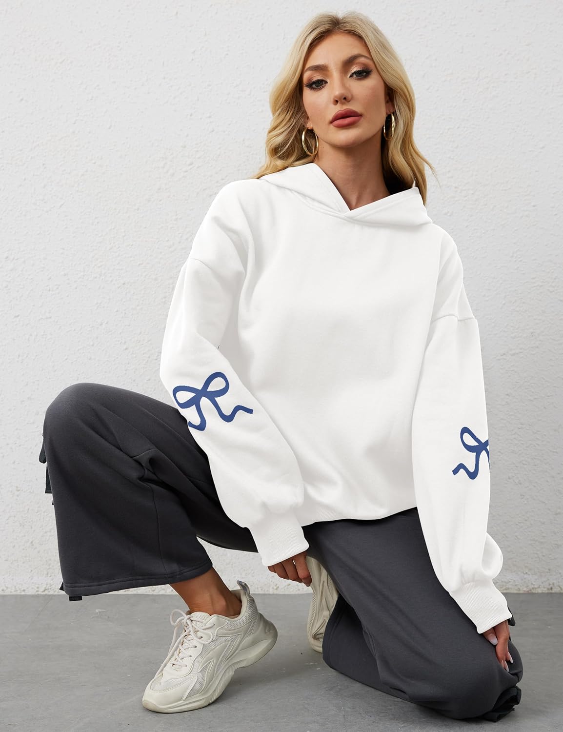 Womens Bow Print Hoodies Fleeced Oversized Hooded Sweatshirts Long Sleeve Cute Graphic Drop Shoulder Pullover Tops - Image 3