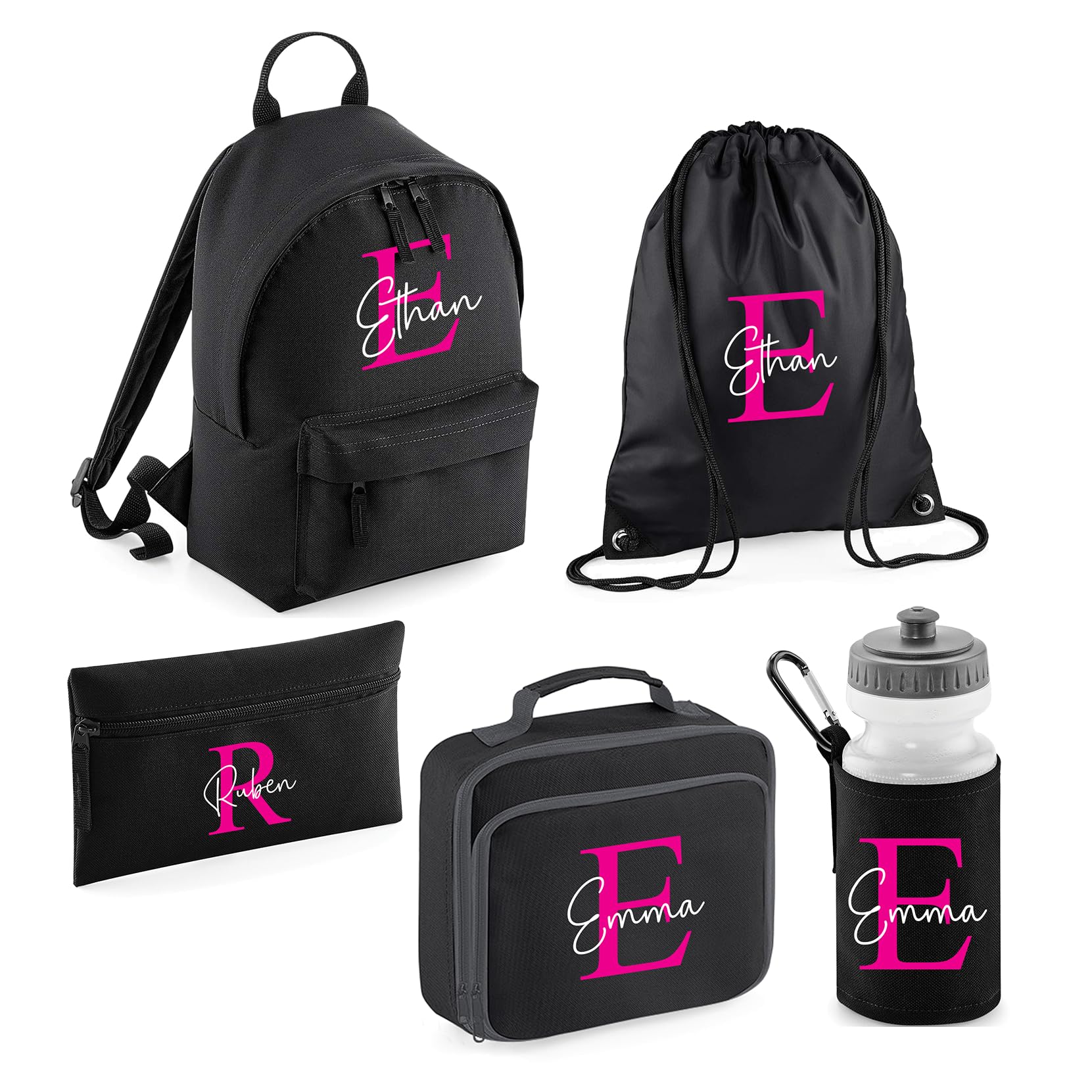 Chicken CraftPersonalised Kids Back To School Kit with Custom Name & Initial | Black with Pink Initial Backpack, Lunch Bag, PE Bag, Pencil Case & Water Bottle | Ideal for Girls Starting Nursery or School