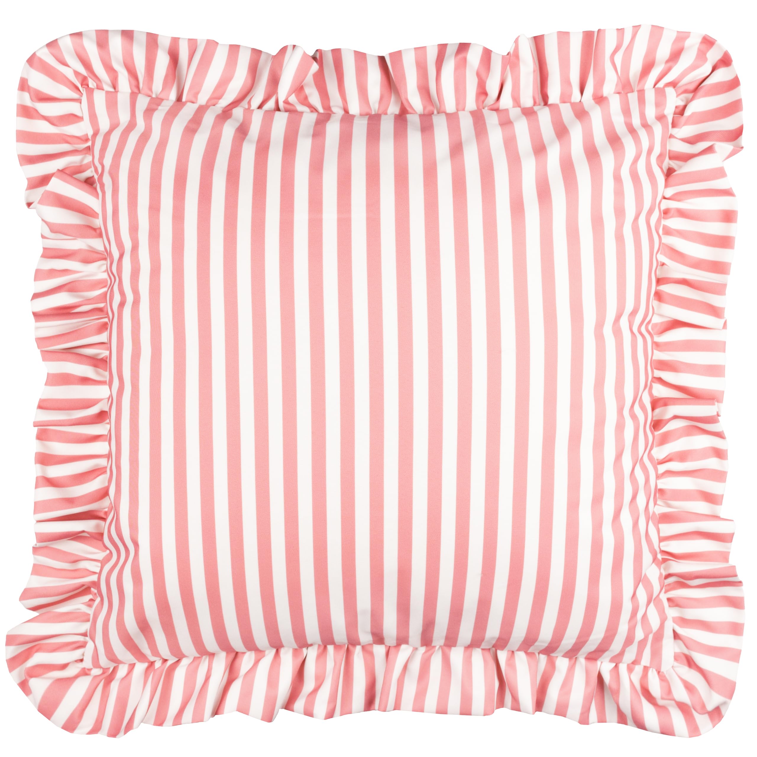 Wylder Millie Ruffle Polyester Filled Cushion – Water Resistant Ruffled Edge Heritage Stripe Outdoor Decorative Pillow (Pink - 50x50cm)