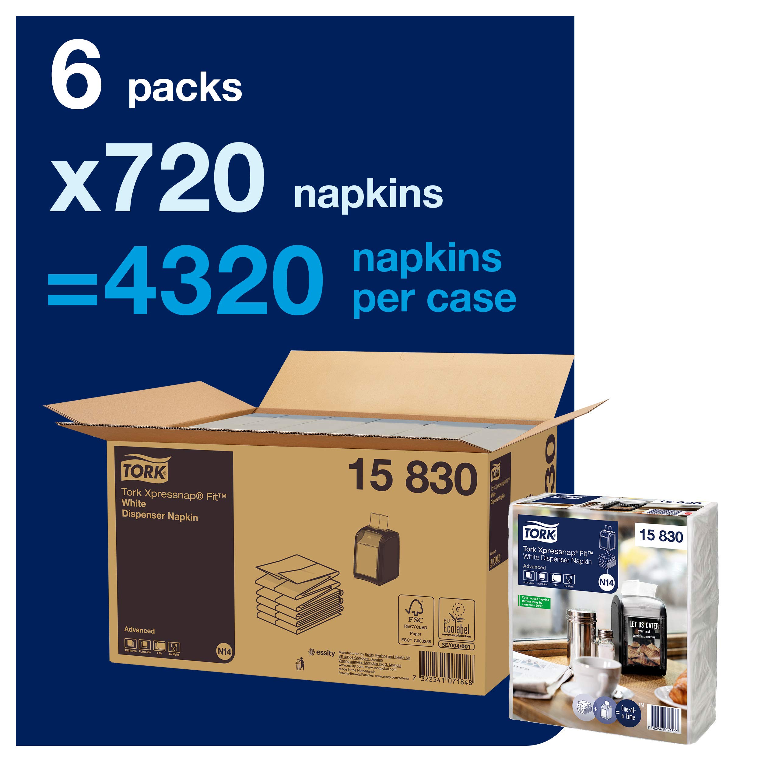 Tork Xpressnap Fit 15830 serwetki do napełniania do serwetki papierowej N14, wysoka jakość – 2-warstwowe, białe – 6 x 720 (4320) szt