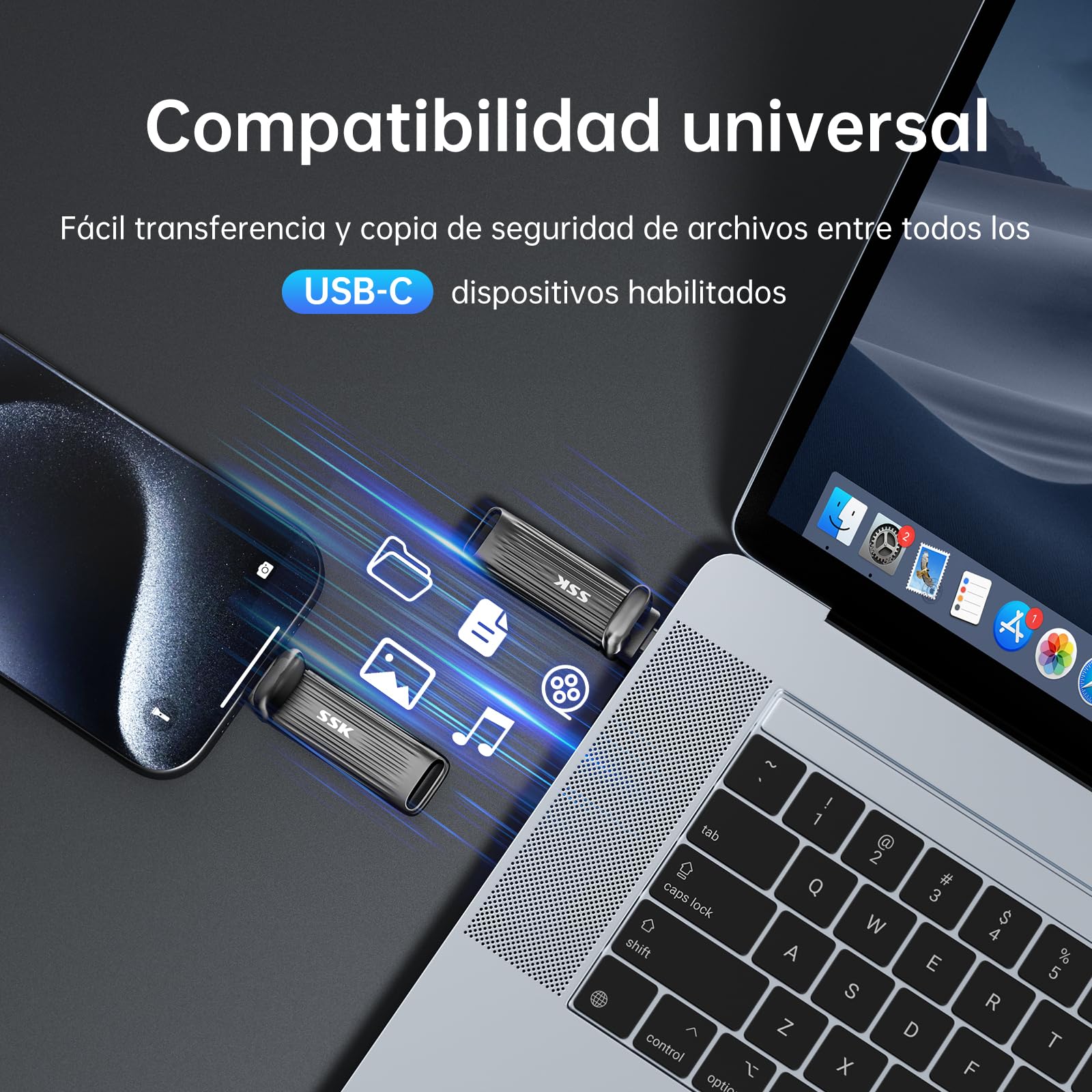SSK 1TB SSD USB C Pendrive, Máxima Velocidad 2000MB/s Solo para USB3.2 Gen2x2, Disco Duro Externo SSD Portátil Compatible con Android Phone Mac Laptop, Soporte para iPhone 15/16 4K ProRes