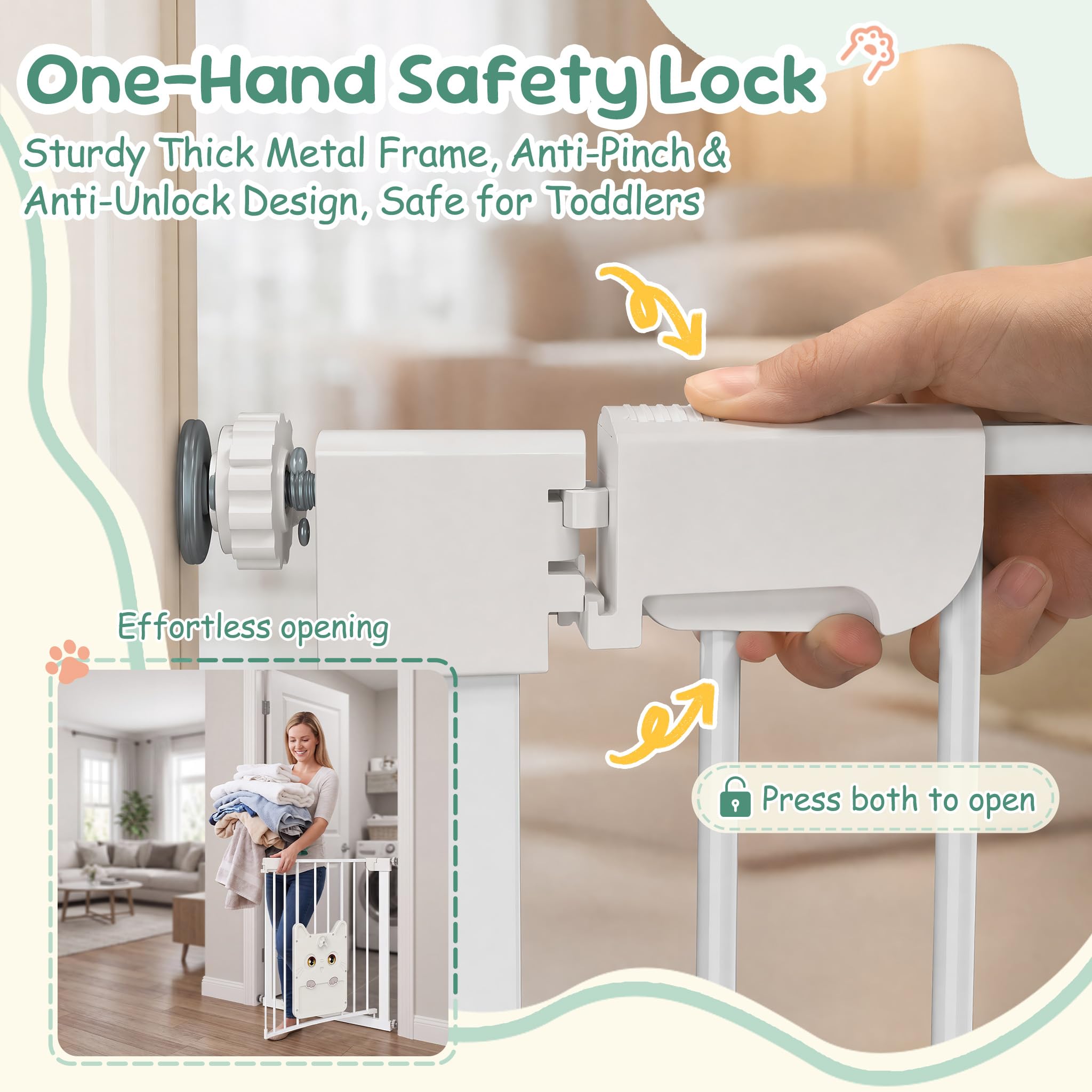UISEBRT Türschutzgitter Treppengitter ohne Bohren mit großer Katzenklappe für Breiten 105-115 cm,180° beidseitig öffnen Autoclose Doppelschloss Metall Absperrgitter für Baby Hund Katze,Weiß