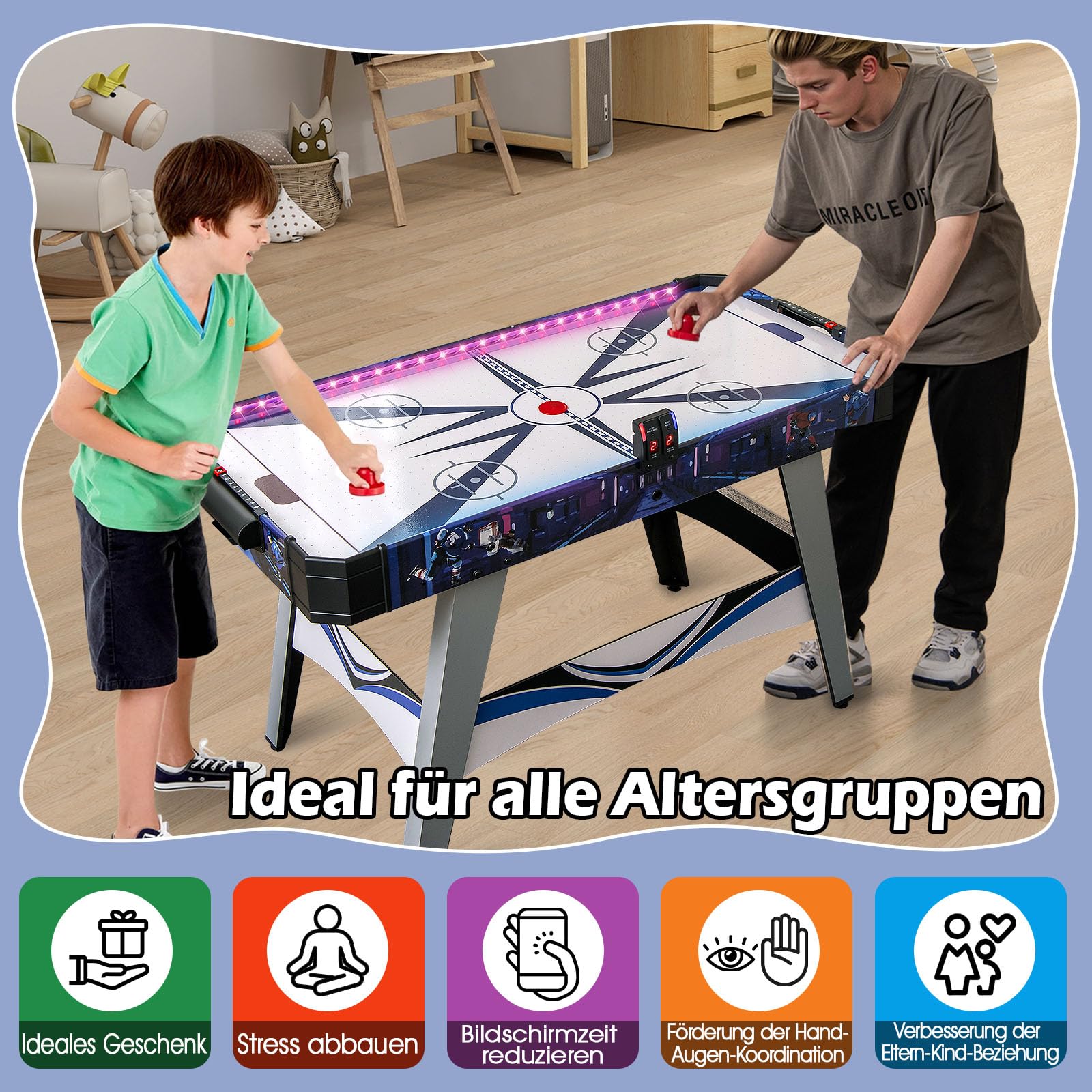 DREAMADE 137 cm Airhockey Tisch, Air Hockey Spieltisch mit LED-Lichtern, 2 Schiebern & 2 Pucks, Airhockeytisch mit 12V Motor & LED-Anzeigetafel für Spielzimmer, Zuhause & Büro, 137 x 65 x 86 cm