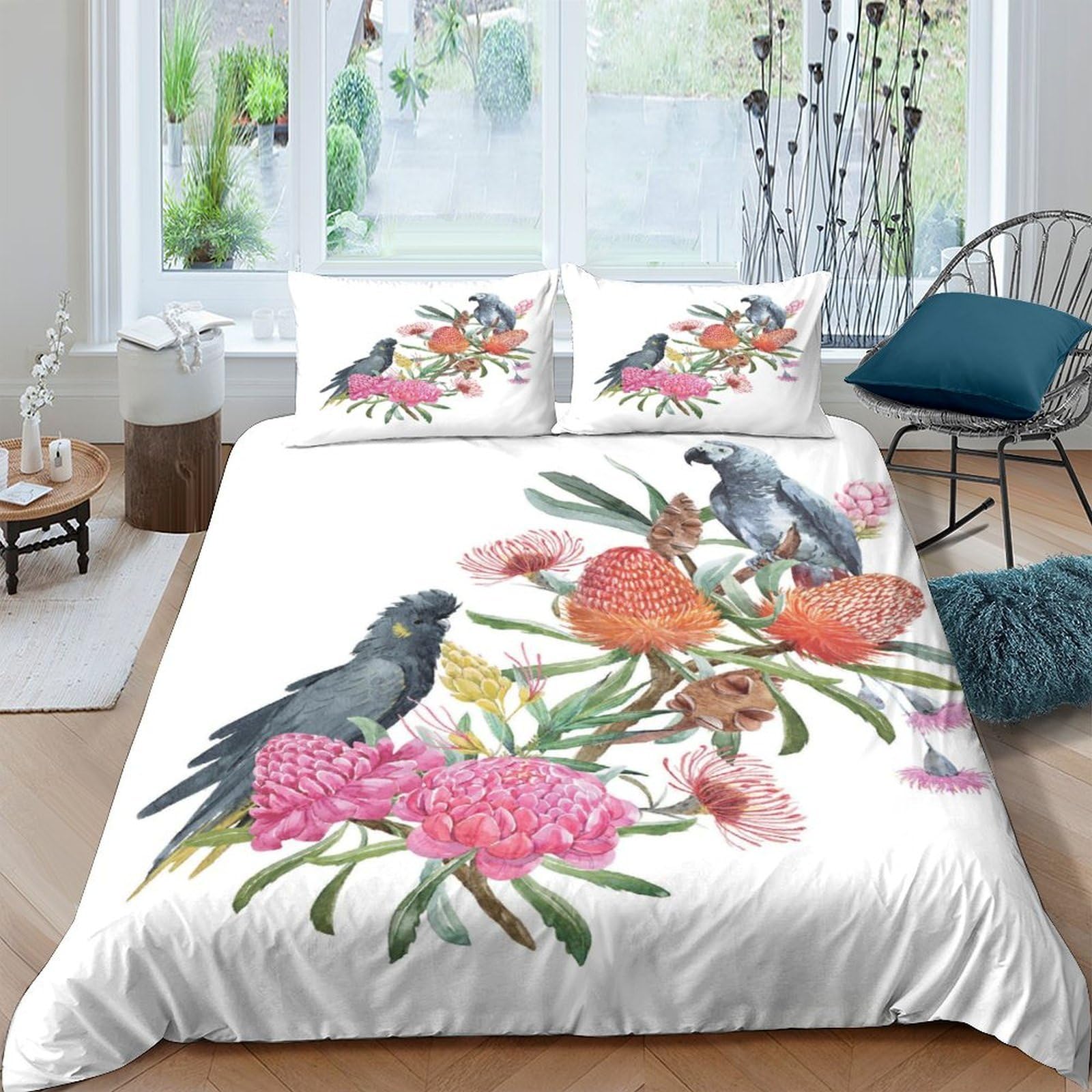 Ctjqhvkz Style-4 3D Printed Parrot And Floral Fitted Sheet Microfiber Soft Breathable Tropical Bird Mattress Cover For Bedroom Decor Single（135X200cm）
