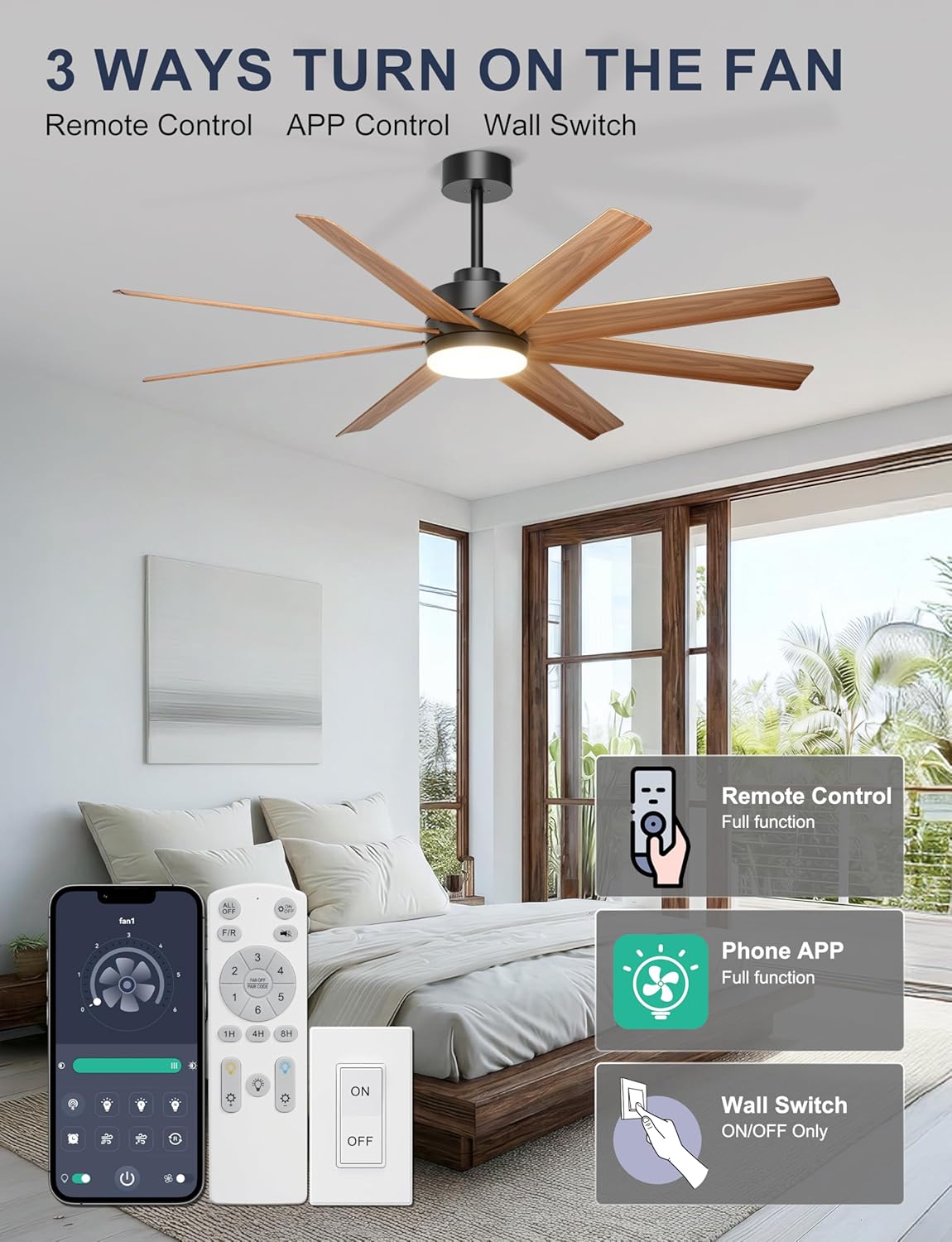 Ohniyou 60'' Ceiling Fan with Light - 8 Blades Modern Farmhouse Ceiling Fan Remote/APP Control, Dimmable, Covered Outdoor Fan for Patio, Living Room, Black+Wood Color