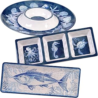 Oceanic 3-Piece Melamine Hostess Set – Includes Chip & Dip Server, 3-Sec...