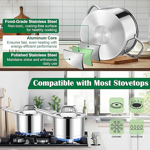 Miniatura 2 de E-far 10-Piece Stainless Steel Cookware Set and 6-Piece Cooking Utensils Set Bundle, Induction Pots and Pans Set with Tri-Ply Base, Metal Heat